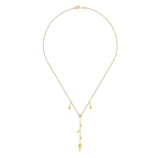 18 inch 14K Yellow Gold Y Necklace with Leaf Drops and Center Diamond angle 2