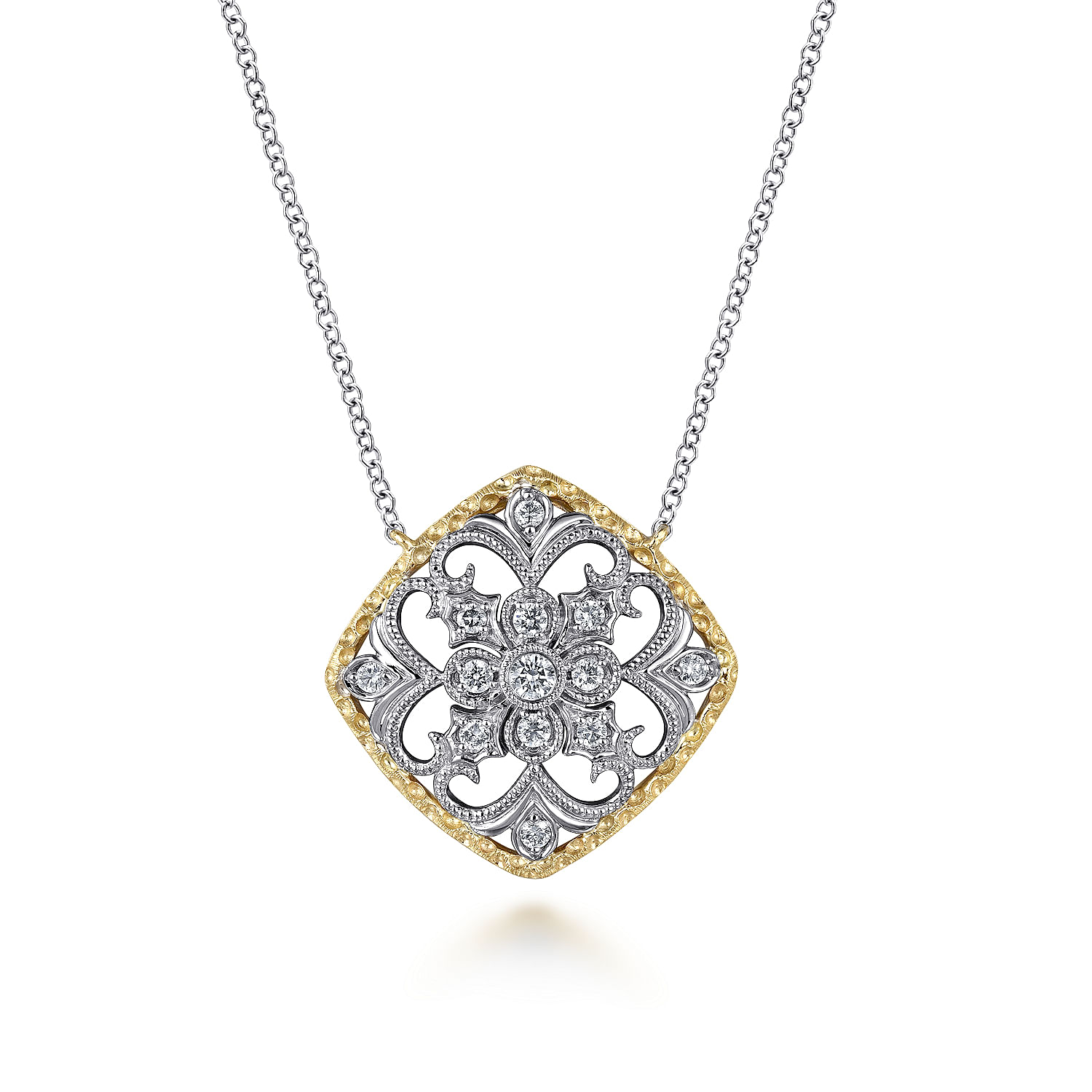 18 inch 14K Yellow White Gold Open Filigree Diamond Pendant Necklace