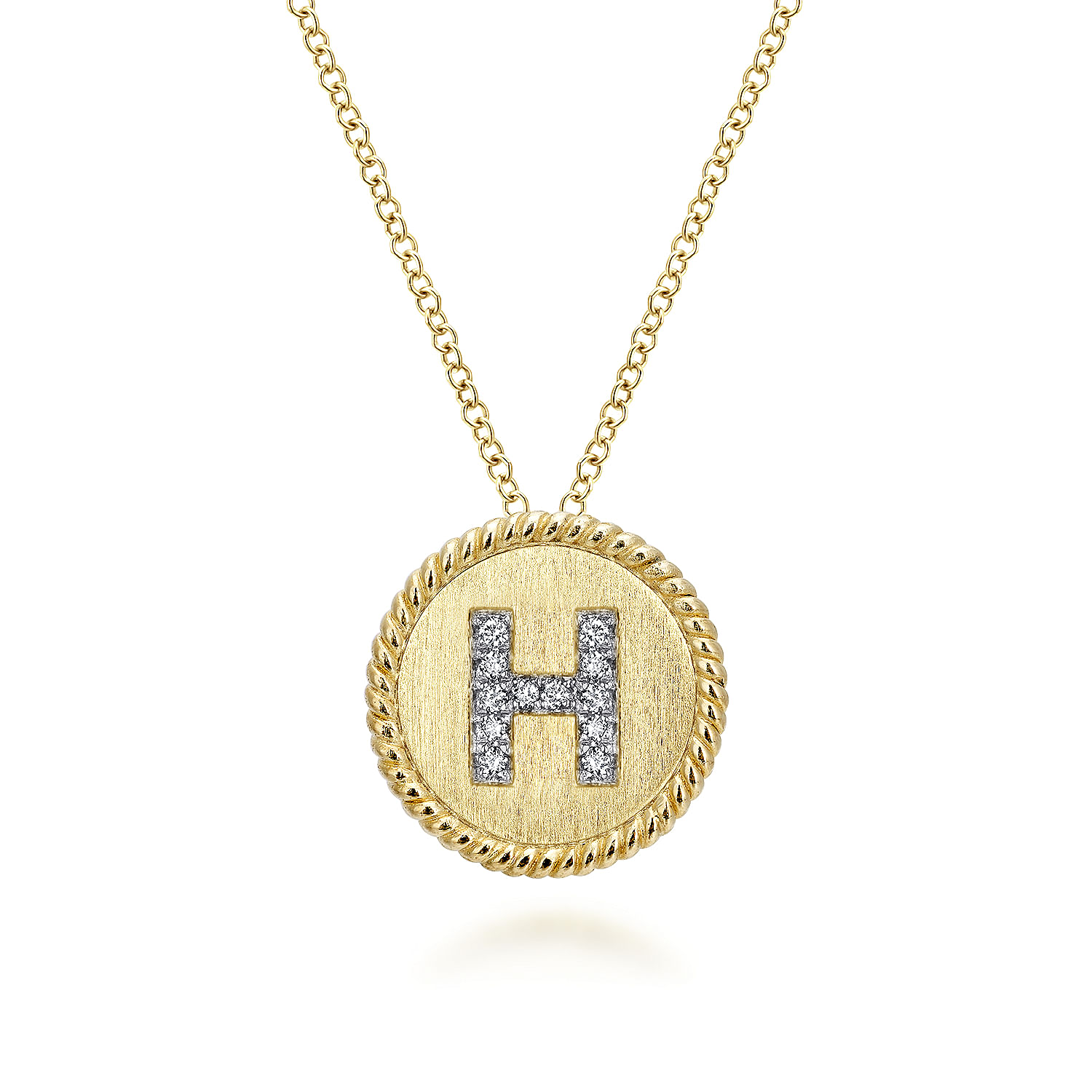 18 inch 14K Yellow White Gold Round Diamond H Initial Pendant Necklace