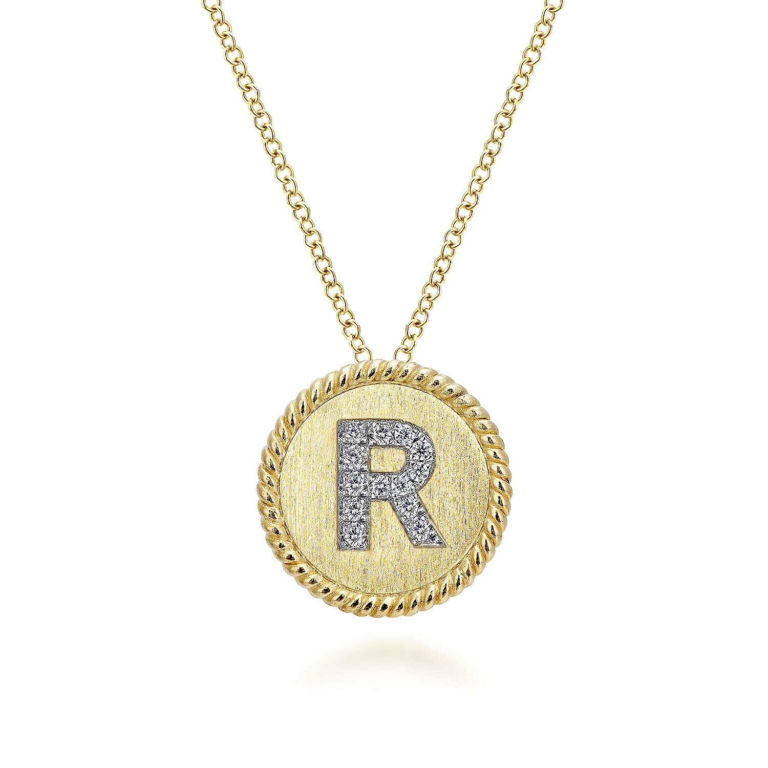 18 inch 14K Yellow White Gold Round Diamond R Initial Pendant Necklace