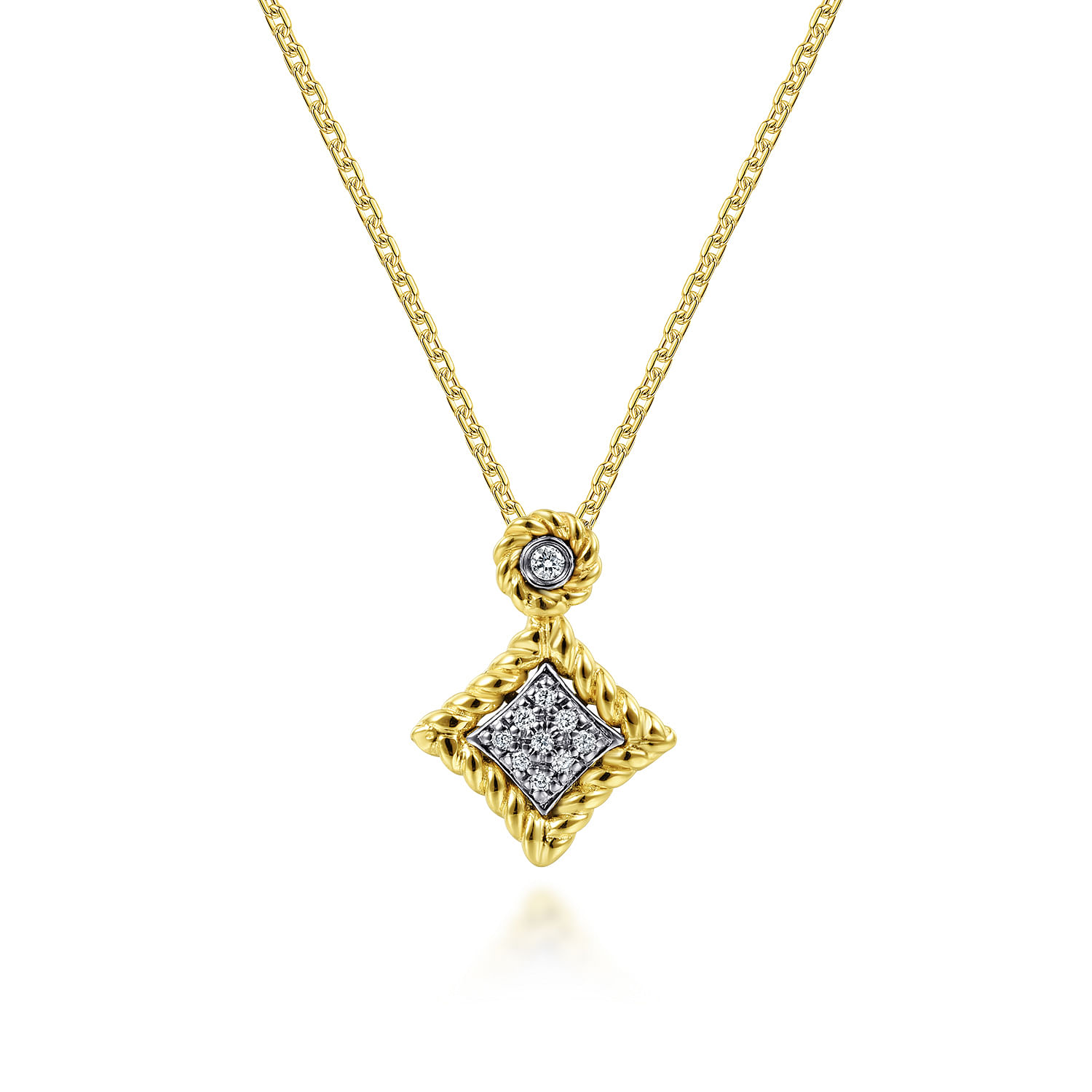 18 inch 14K Yellow White Gold Twisted Geometric Diamond Pendant Necklace