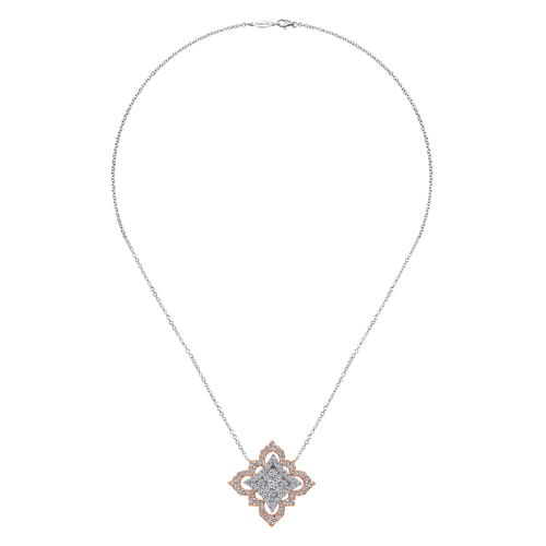 18 inch 18K Rose White Gold Pavé Diamond Floral Pendant Necklace
