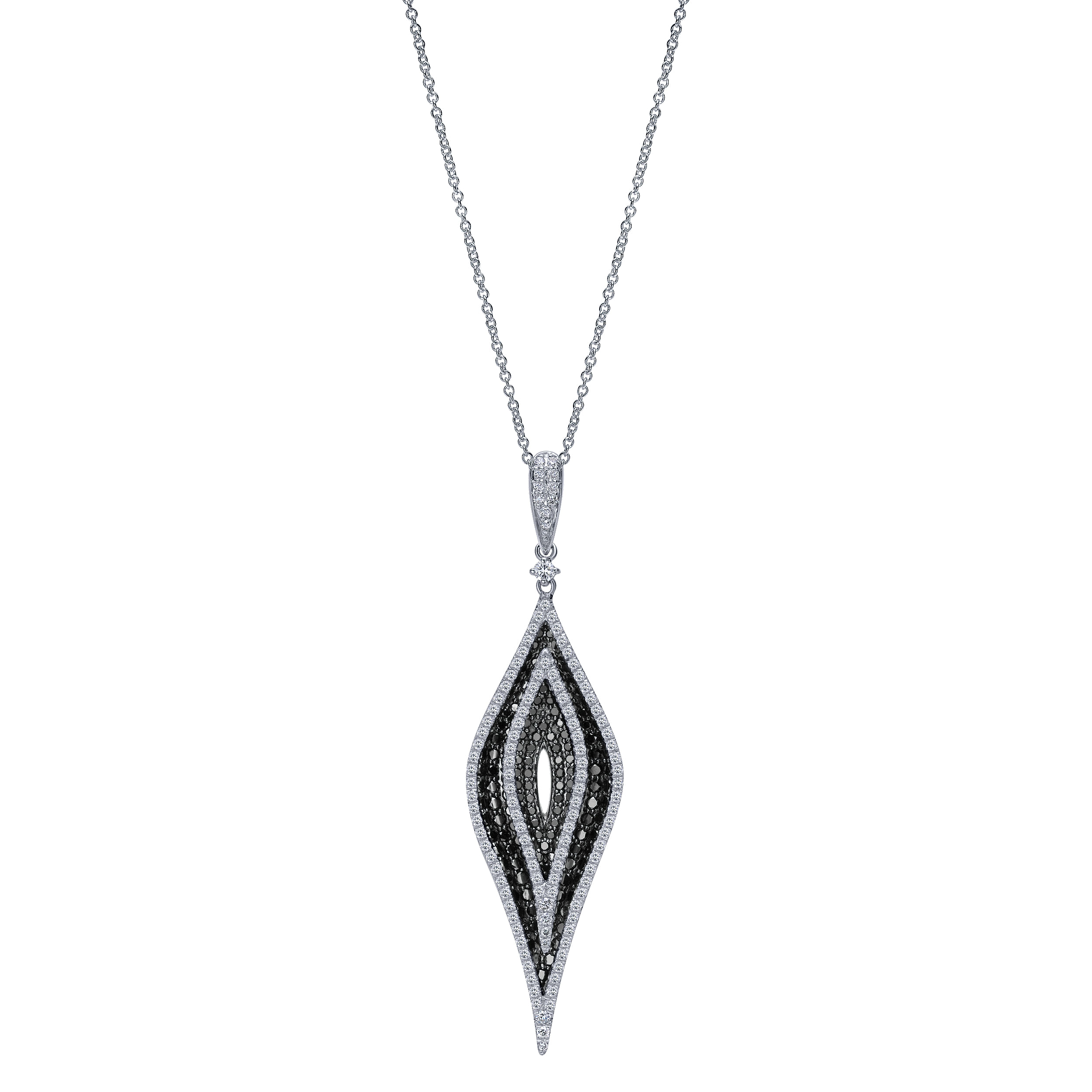 18 inch 18K White Gold Elongated White and Black Diamond Pendant Necklace