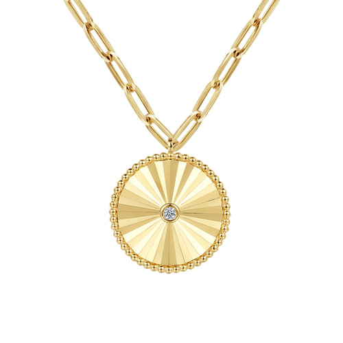 18 inch 18K Yellow Gold Textured Diamond Medallion Hollow Chain Necklace
