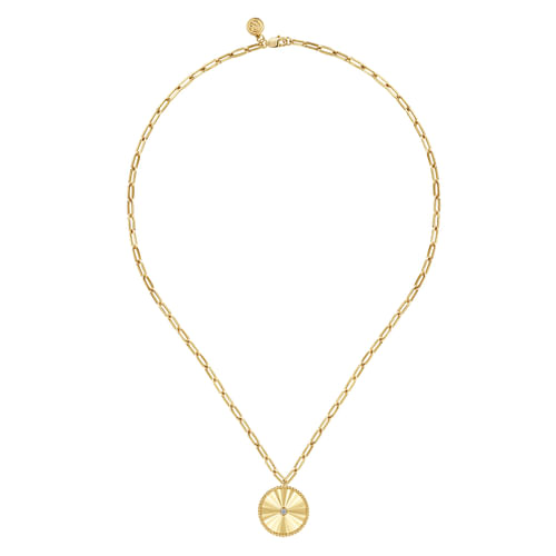 18 inch 18K Yellow Gold Textured Diamond Medallion Hollow Chain Necklace