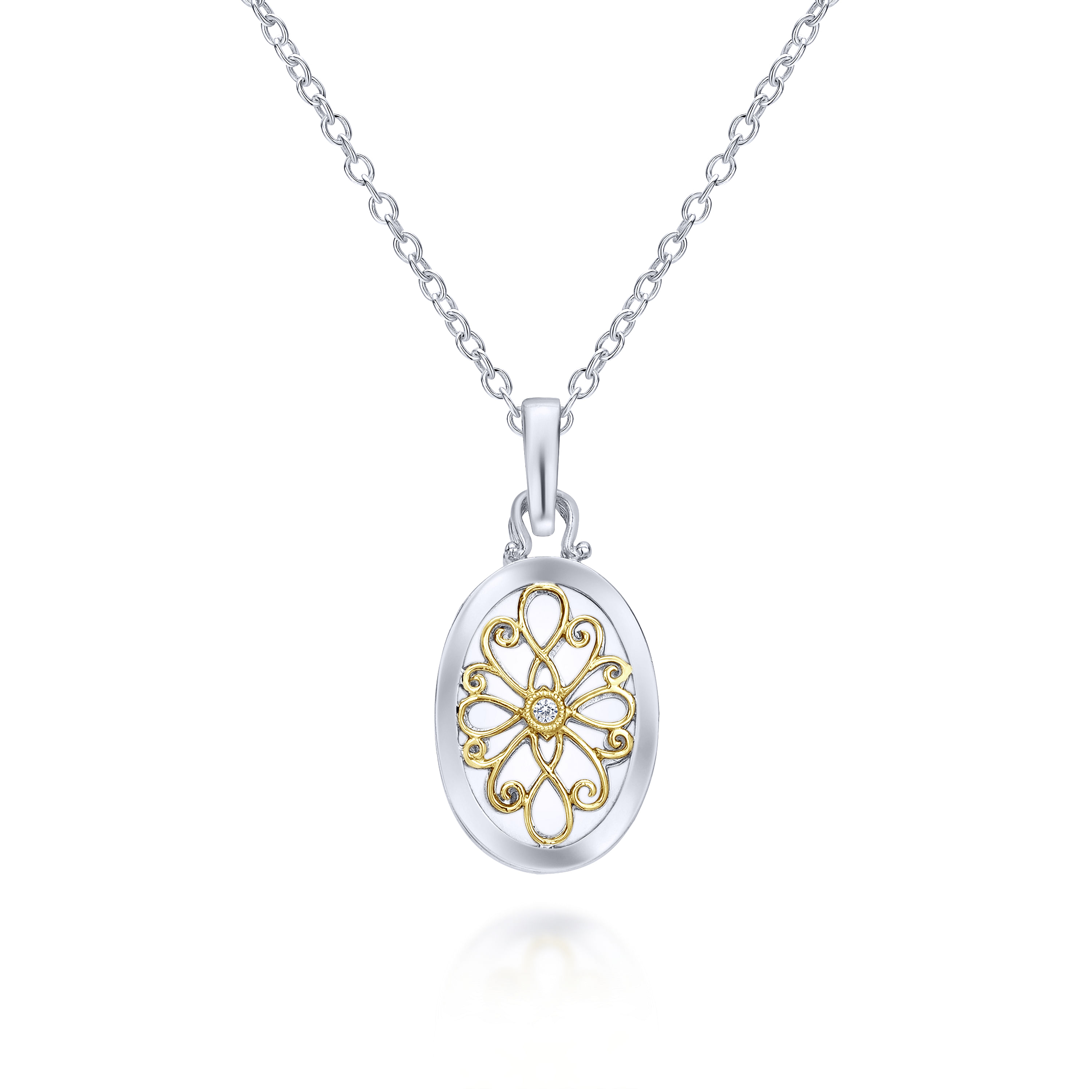 18 inch 925 Sterling Silver 18K Yellow Gold Oval Filigree Diamond Pendant Necklace