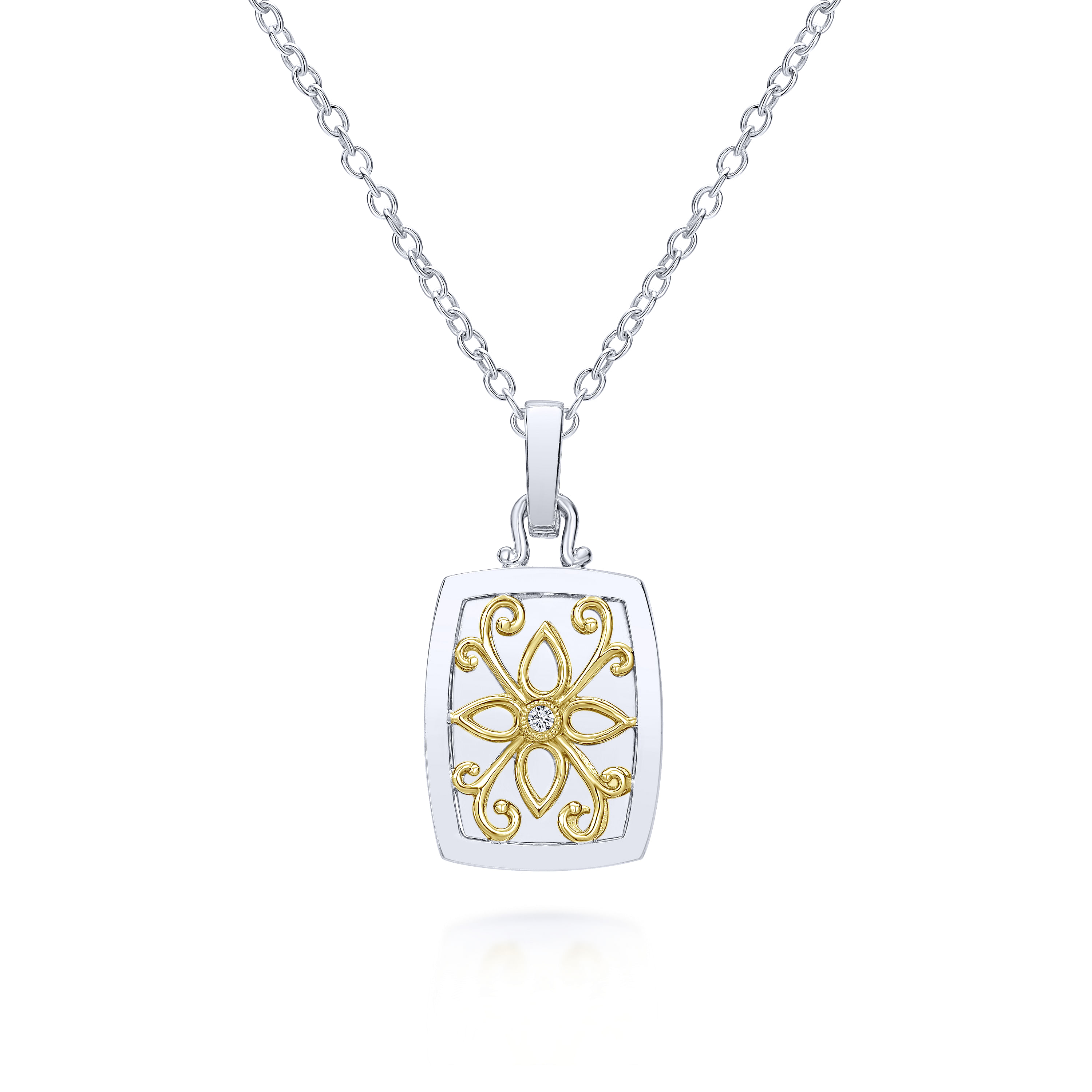 18 inch 925 Sterling Silver 18K Yellow Gold Oval Filigree Diamond Pendant Necklace