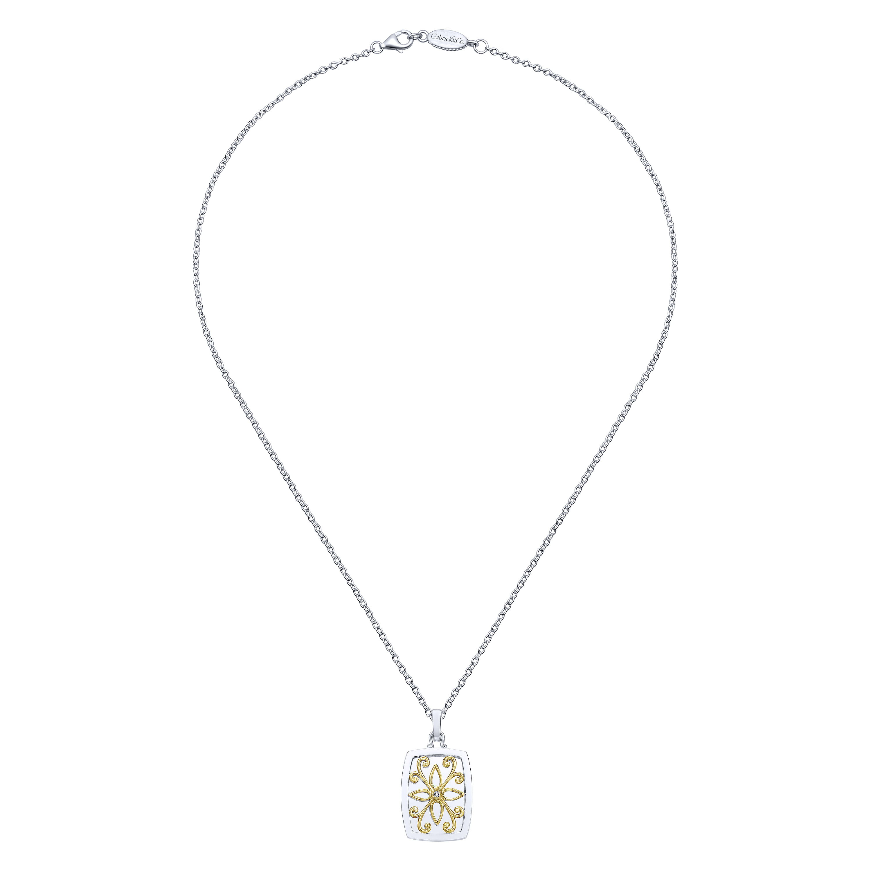 18 inch 925 Sterling Silver 18K Yellow Gold Rectangular Filigree Diamond Pendant Necklace