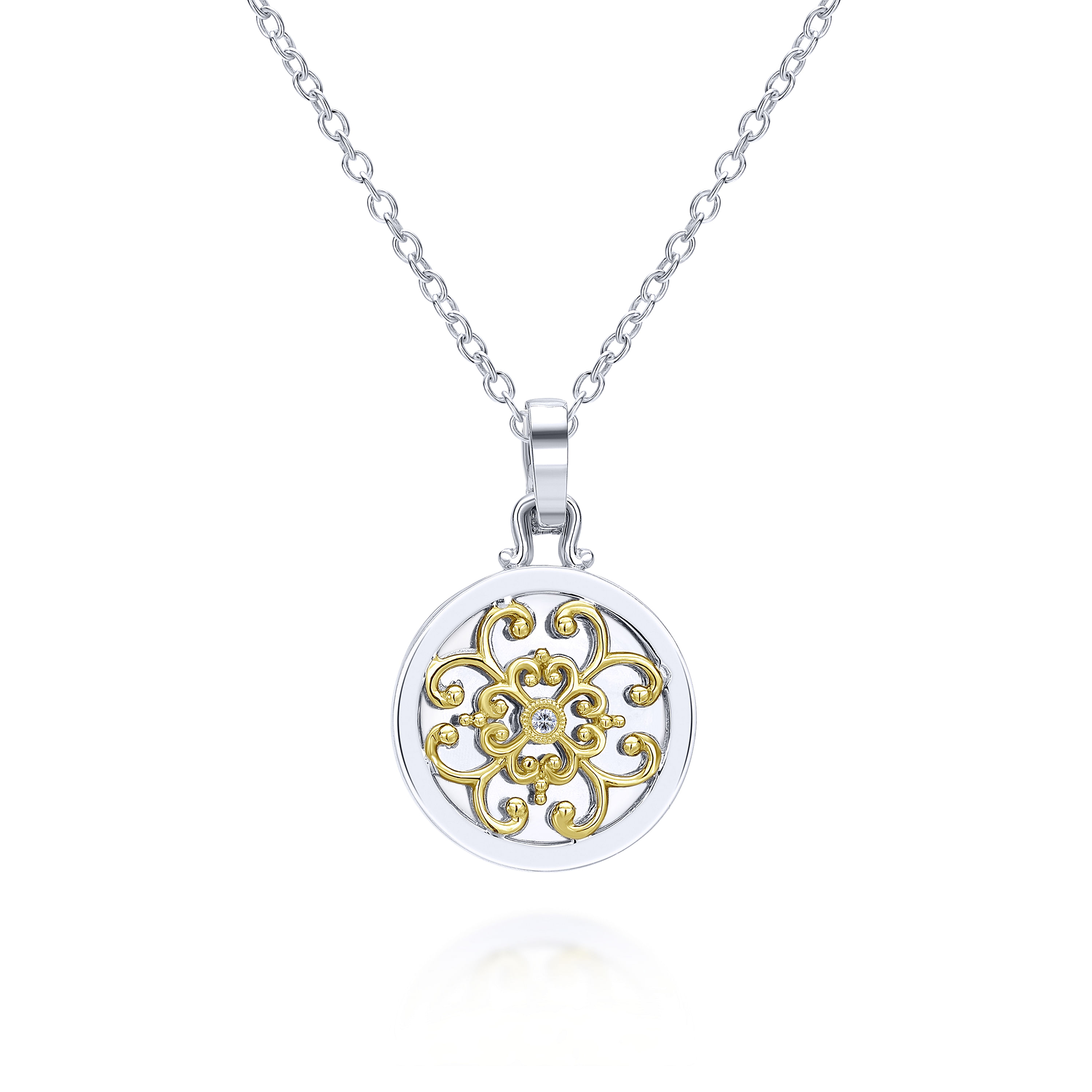 18 inch 925 Sterling Silver 18K Yellow Gold Round Filigree Diamond Pendant Necklace