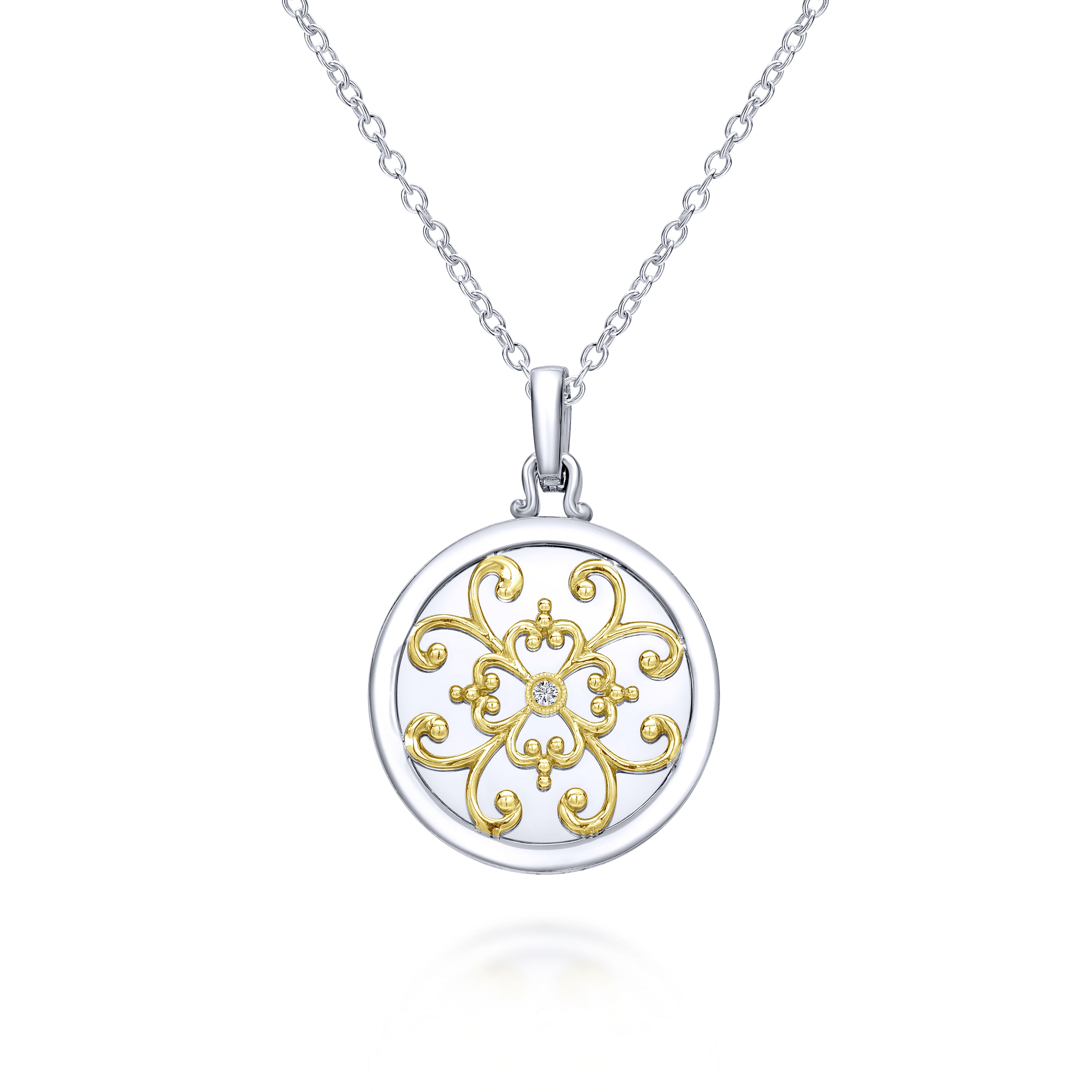 18 inch 925 Sterling Silver 18K Yellow Gold Round Filigree Diamond Pendant Necklace