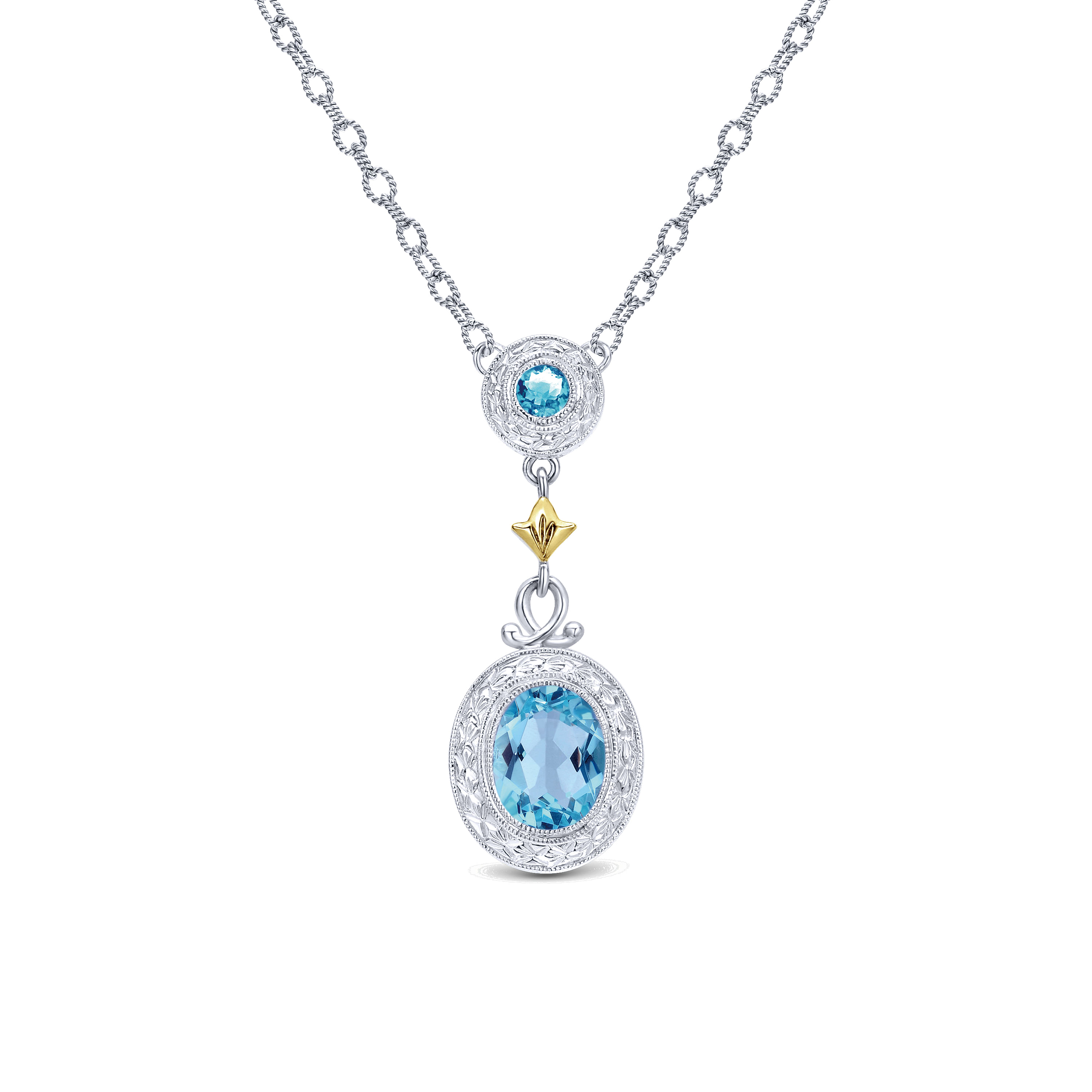 18 inch 925 Sterling Silver/18k Yellow Gold Vintage Inspired Swiss Blue Topaz Necklace