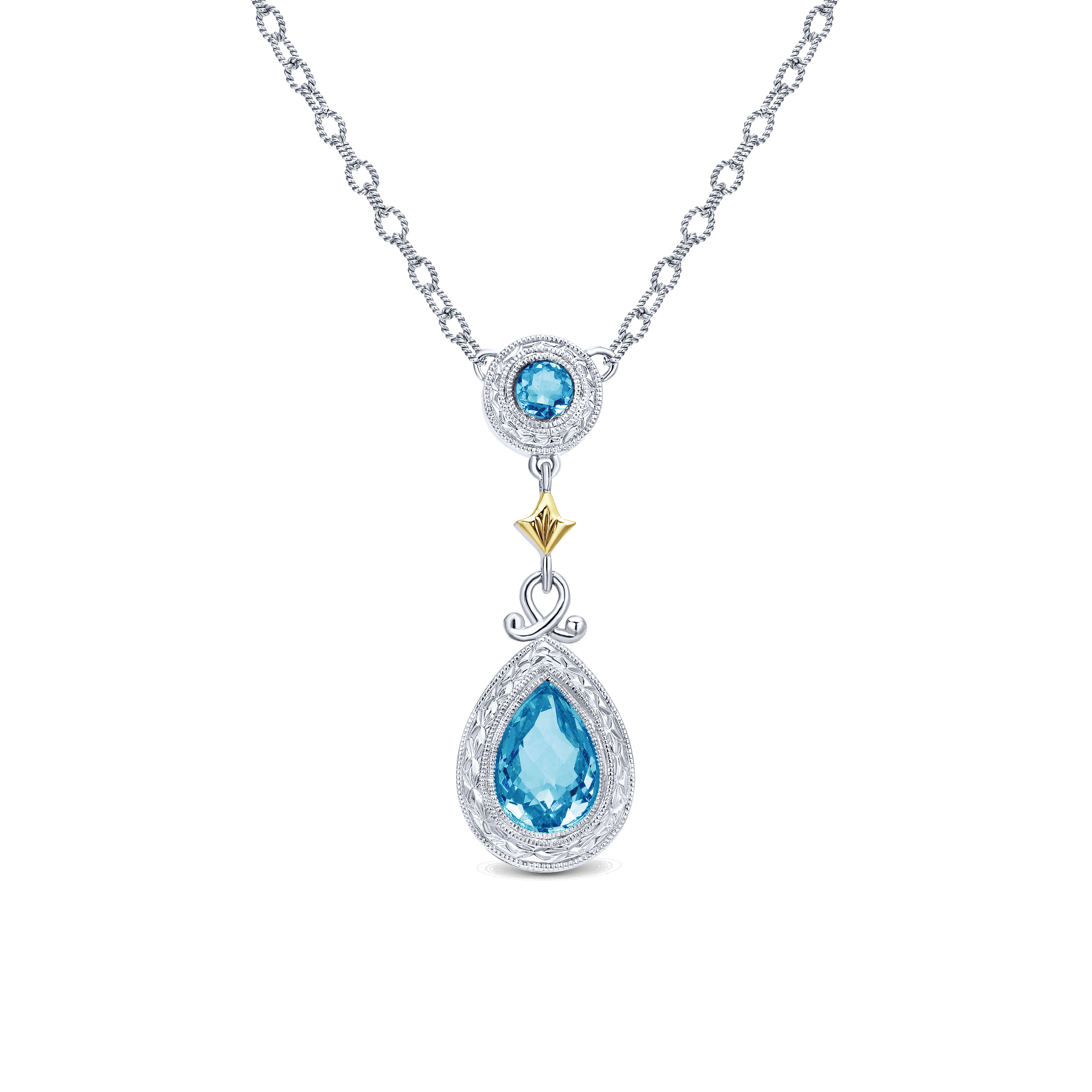 18 inch 925 Sterling Silver/18k Yellow Gold Vintage Inspired Swiss Blue Topaz Necklace