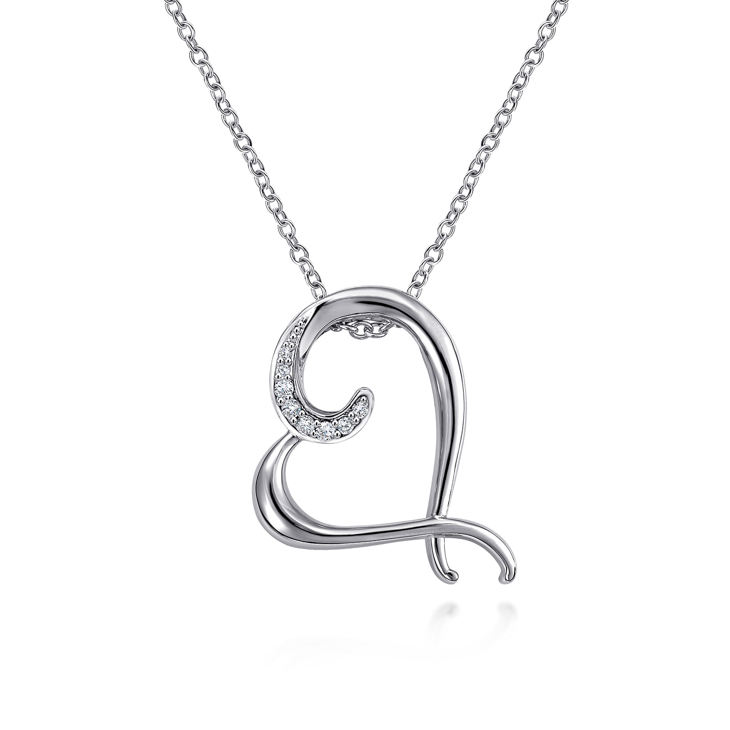 18 inch 925 Sterling Silver Angled Open Heart Diamond Necklace
