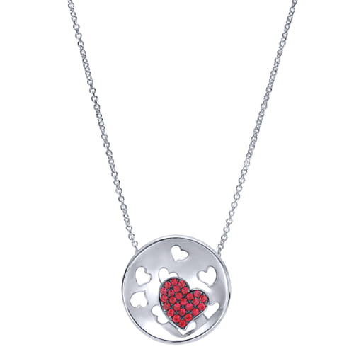 18 inch 925 Sterling Silver Circle Heart Ruby Pendant Necklace