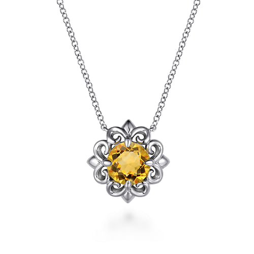 18 inch 925 Sterling Silver Citrine Flower Pendant Necklace