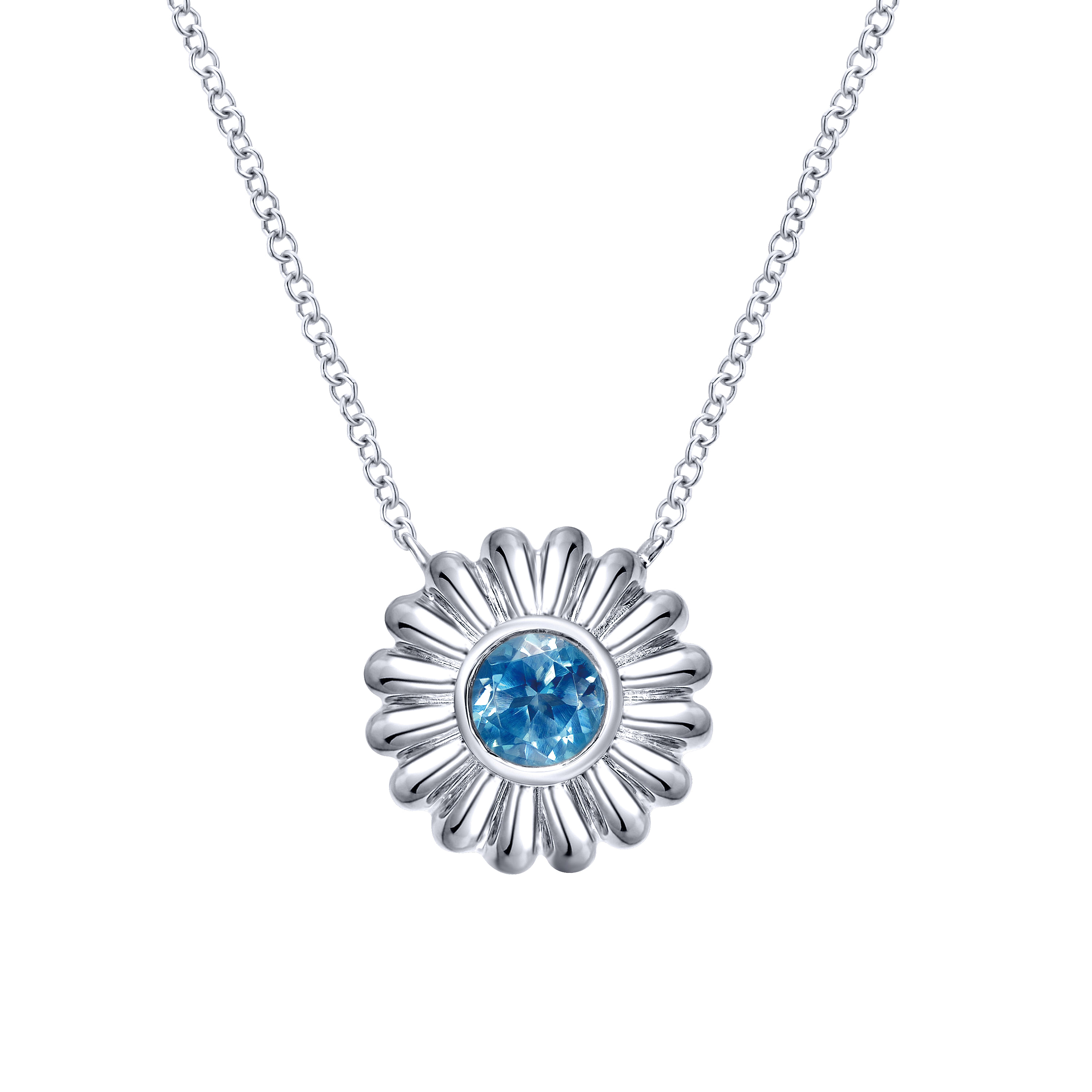 18 inch 925 Sterling Silver Floral Bezel Set Round Blue Topaz Necklace