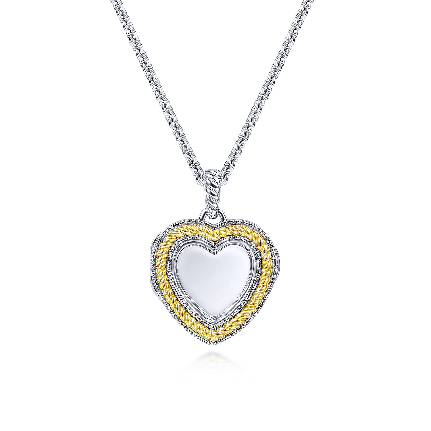 18 inch 925 Sterling Silver Glass Inlay Heart Locket and 18K Yellow Gold Border