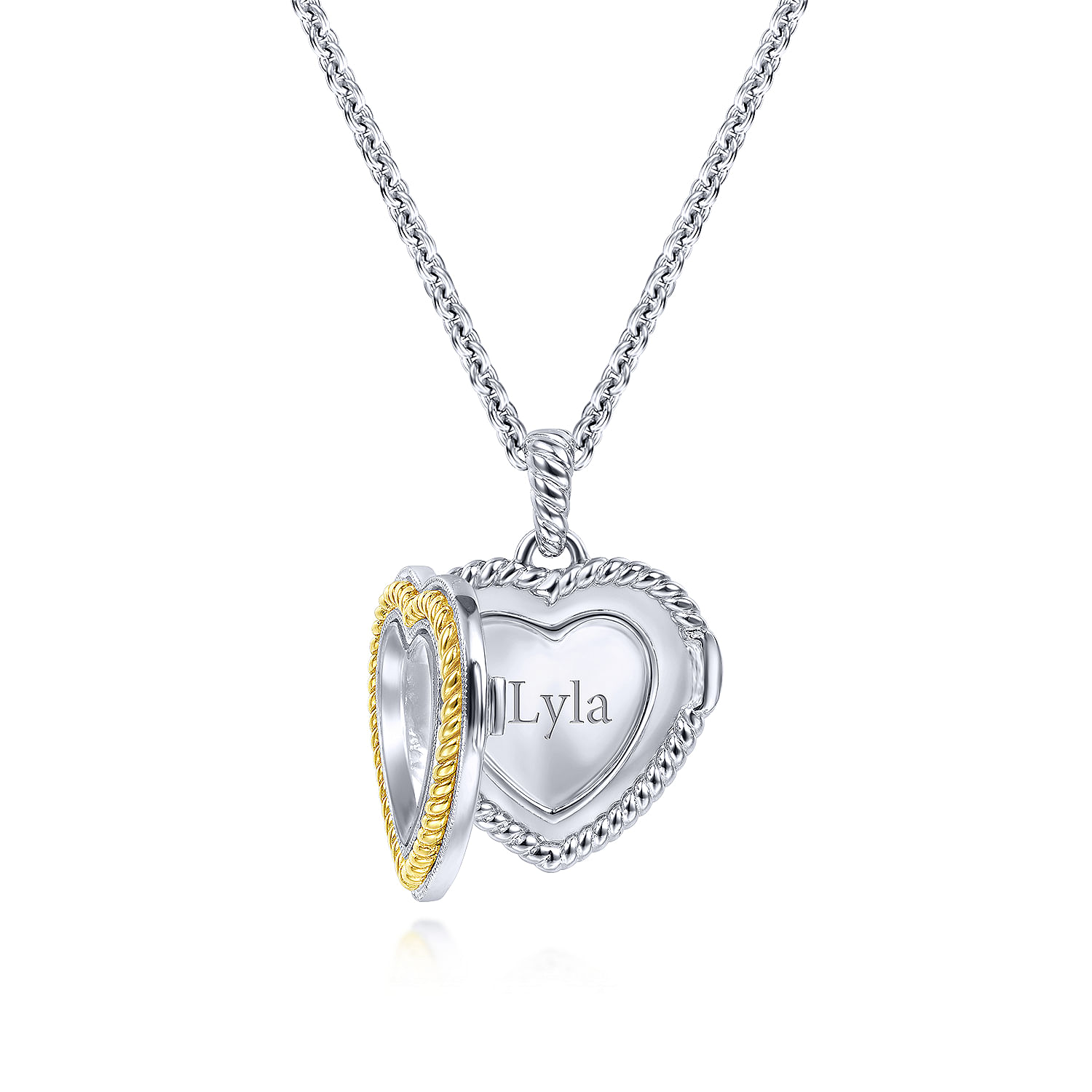 18 inch 925 Sterling Silver Glass Inlay Heart Locket and 18K Yellow Gold Border