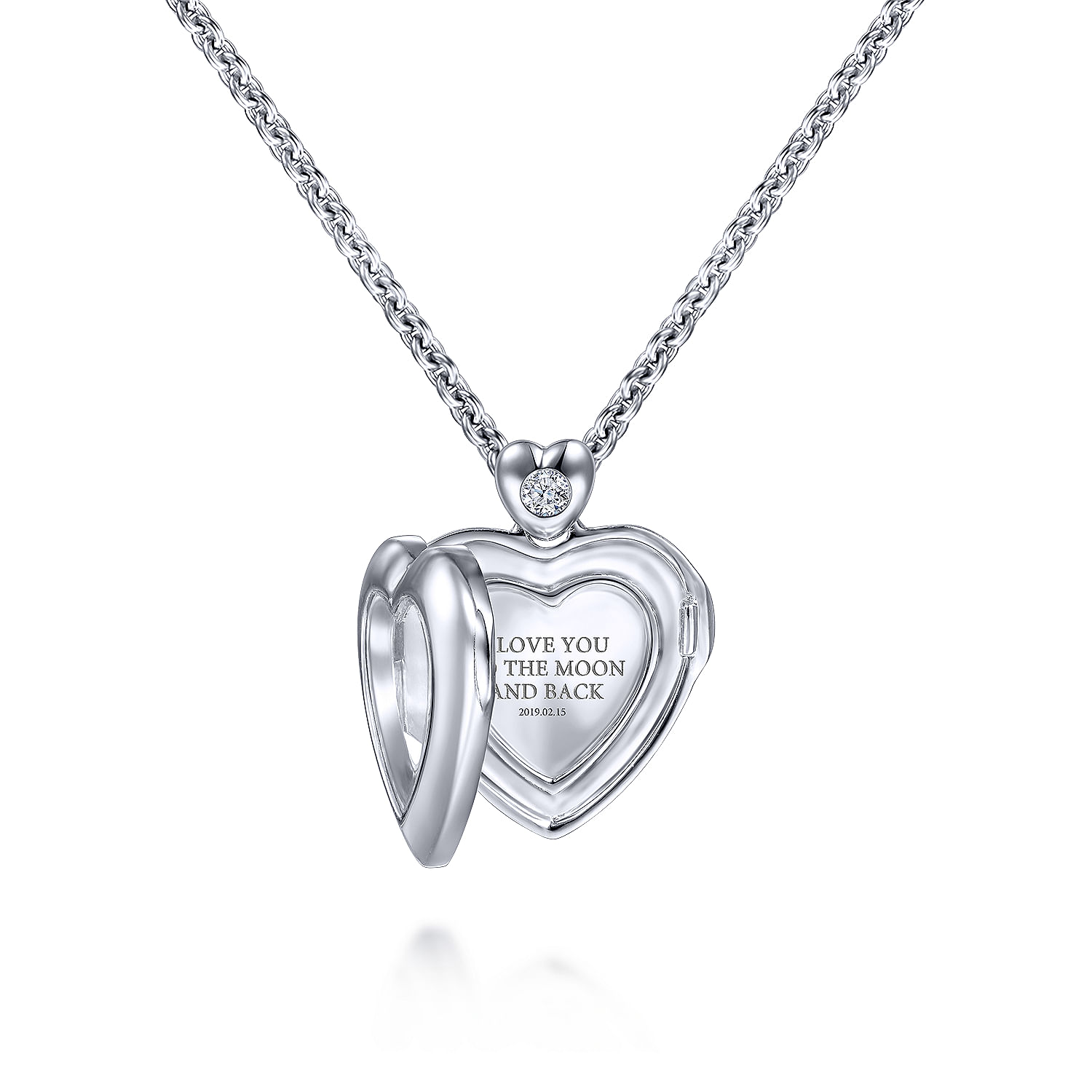 18 inch 925 Sterling Silver Glass Inlay Heart Locket with Diamond Accent
