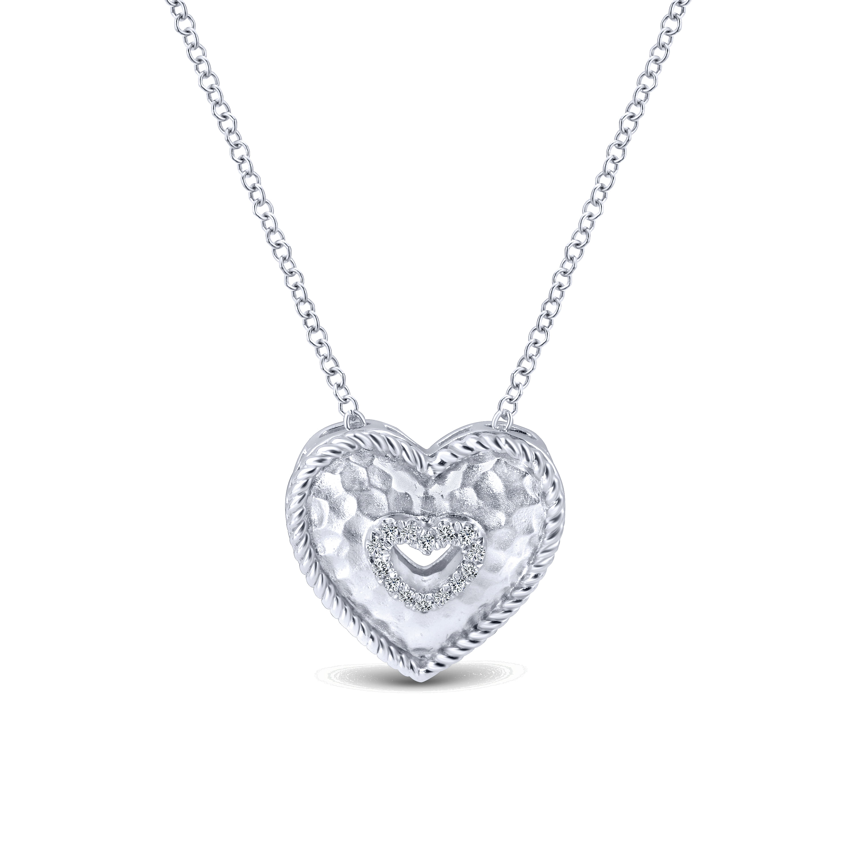 18 inch 925 Sterling Silver Hammered Cutout Diamond Heart Necklace