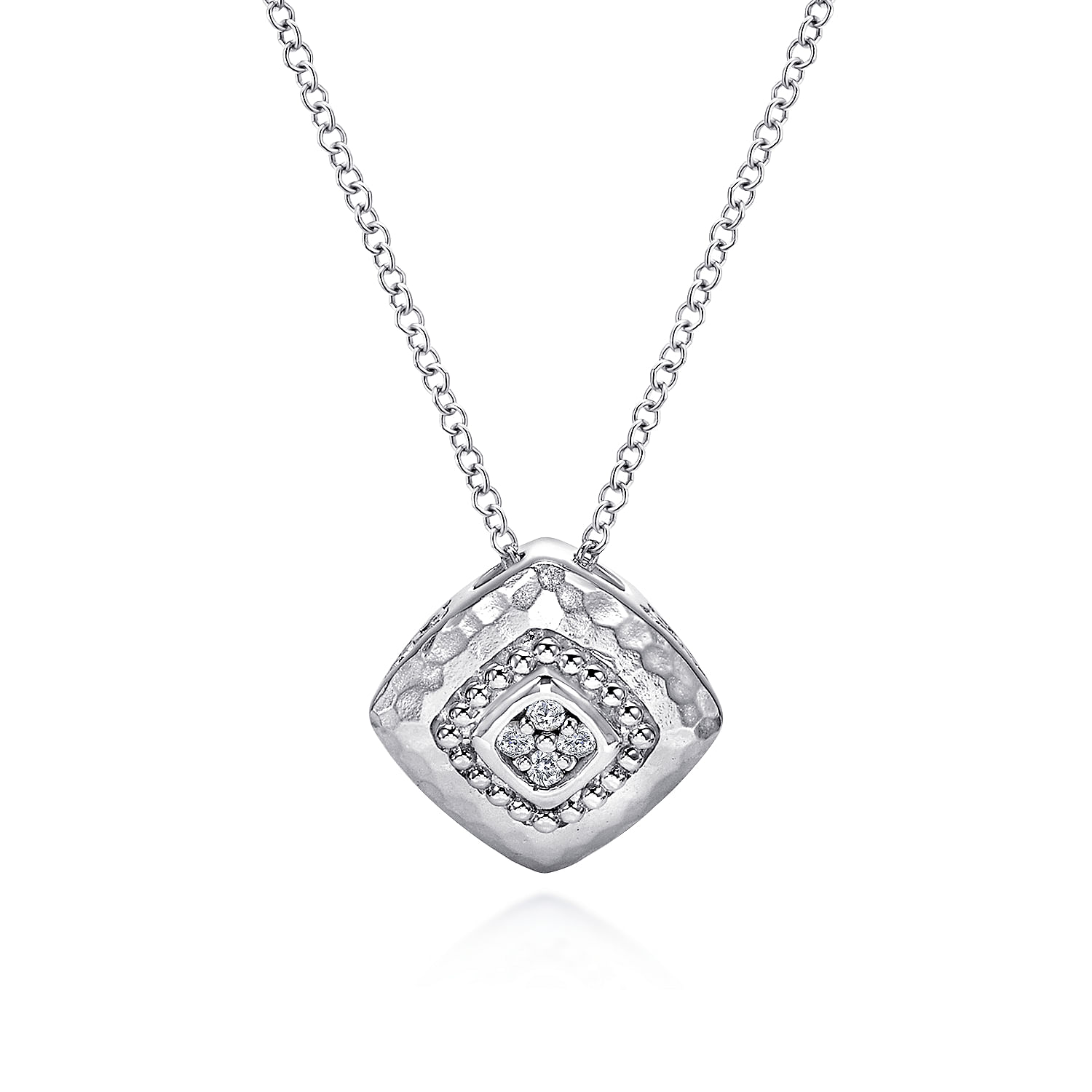18 inch 925 Sterling Silver Hammered Pendant Necklace with Diamond