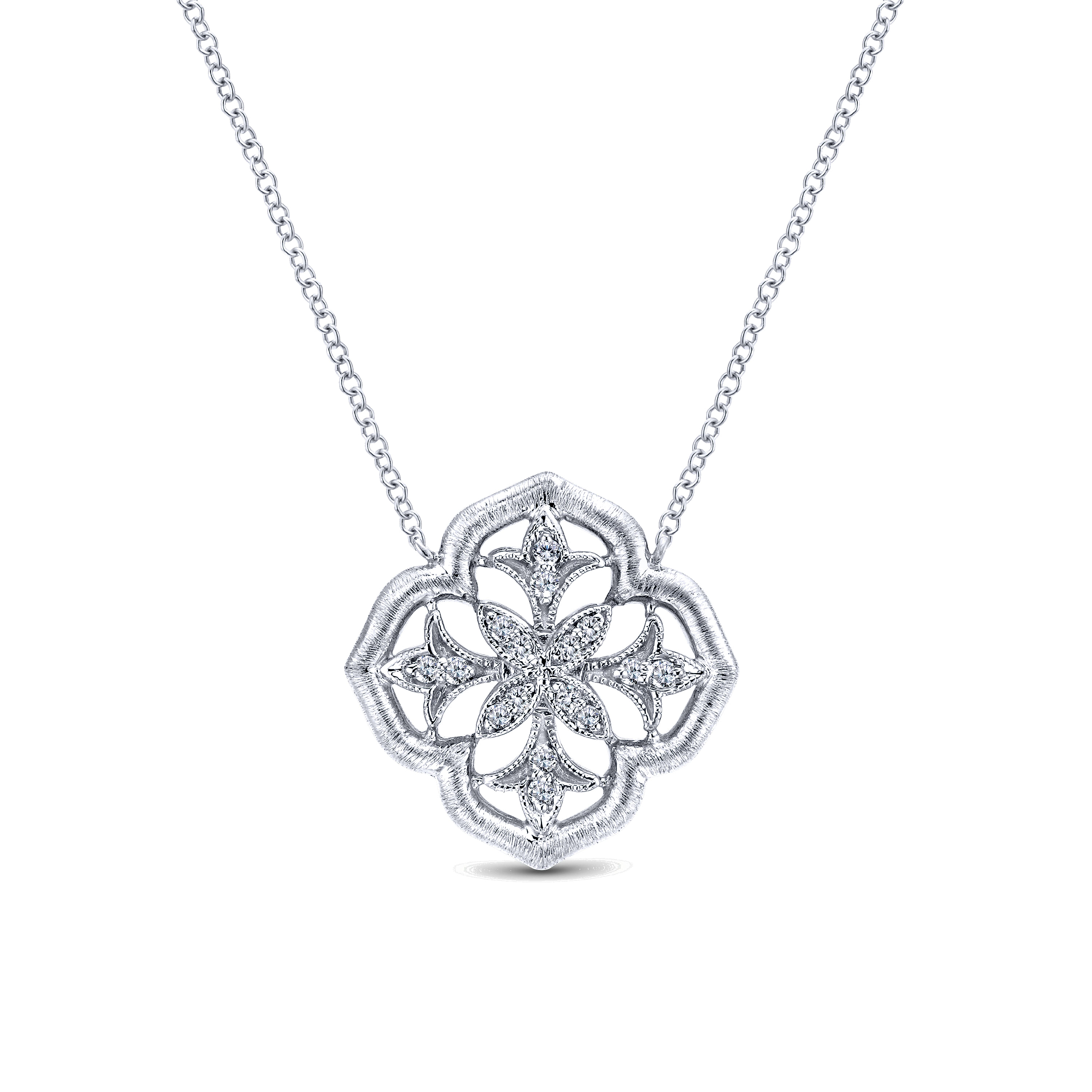 18 inch 925 Sterling Silver Open Flower Diamond Pendant Necklace