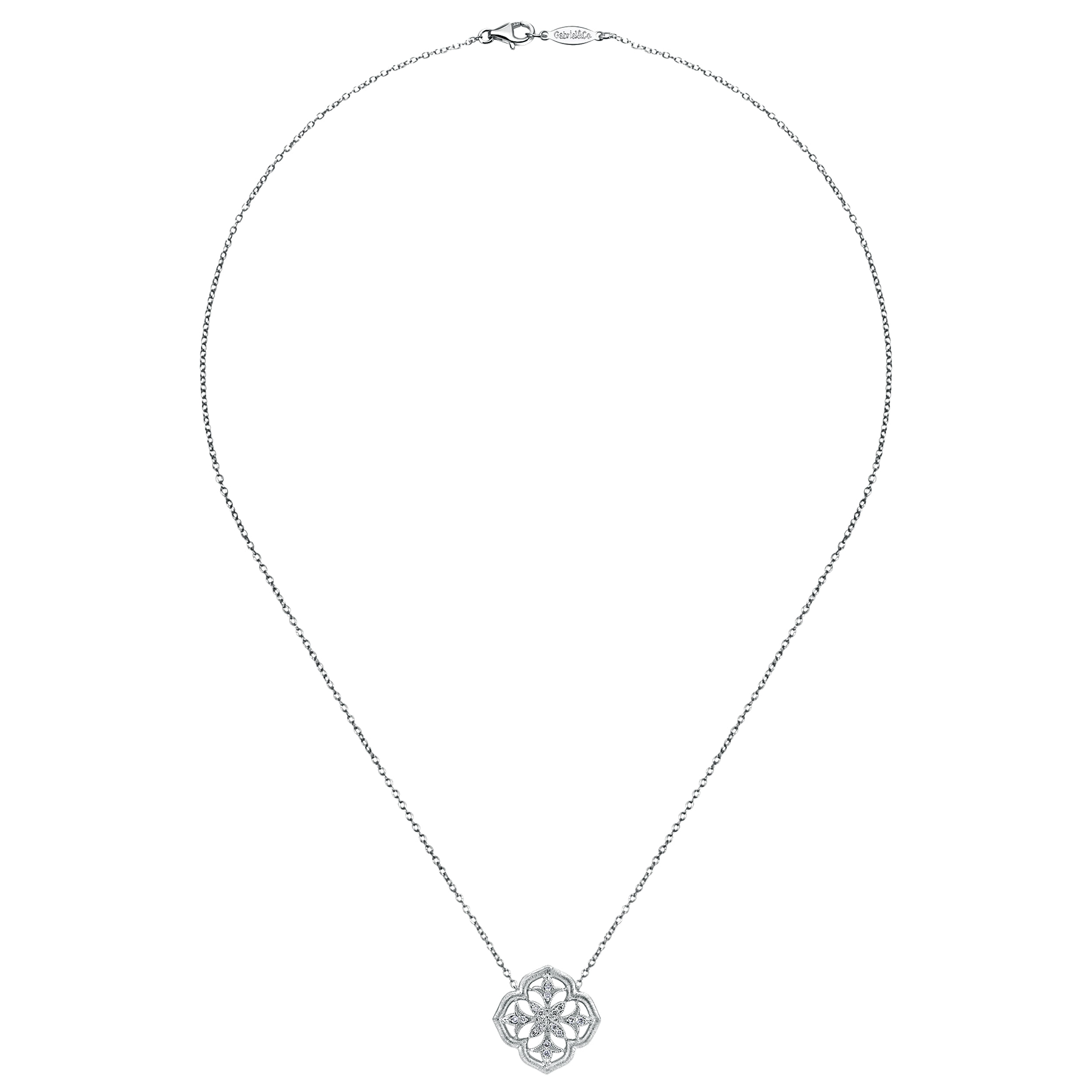 18 inch 925 Sterling Silver Open Flower Diamond Pendant Necklace