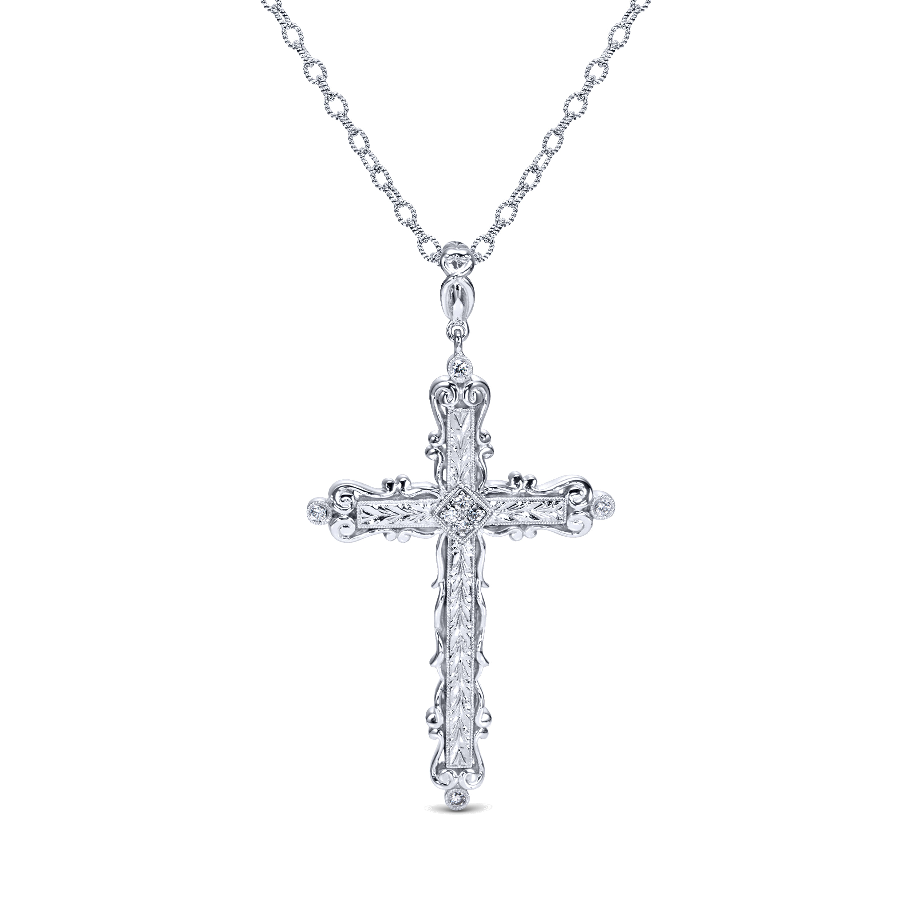 18 inch 925 Sterling Silver Ornate Diamond Cross Pendant Necklace