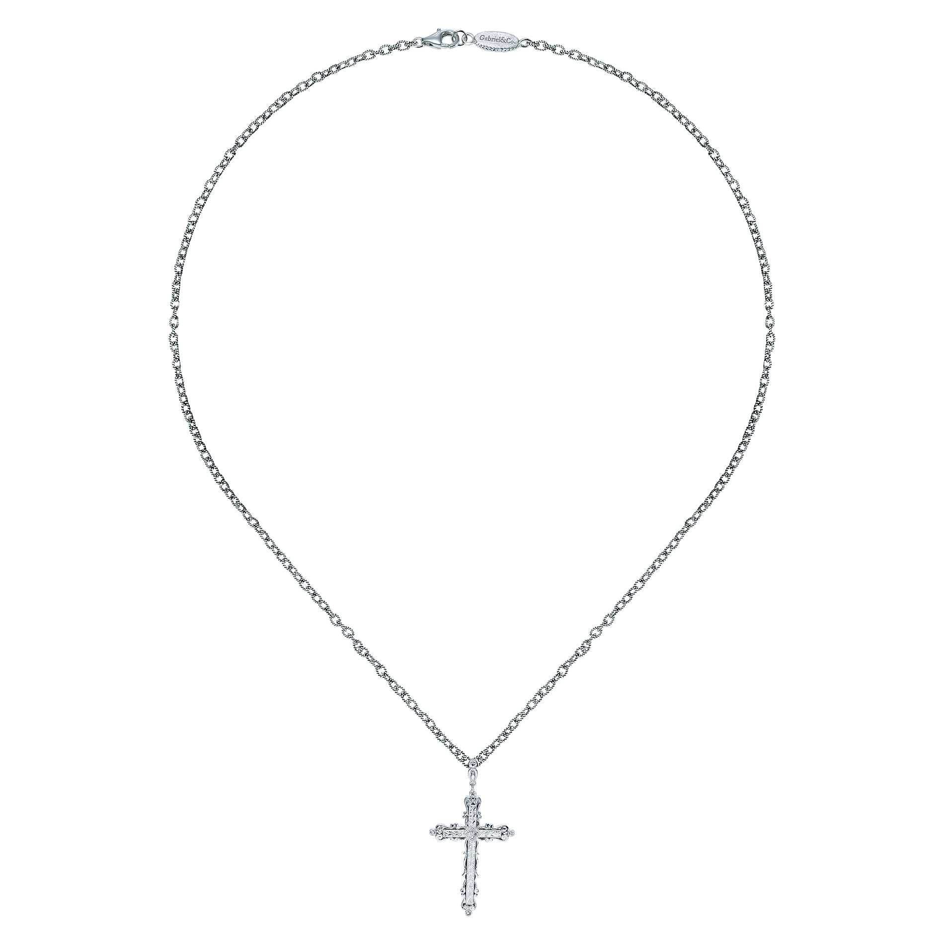 18 inch 925 Sterling Silver Ornate Diamond Cross Pendant Necklace