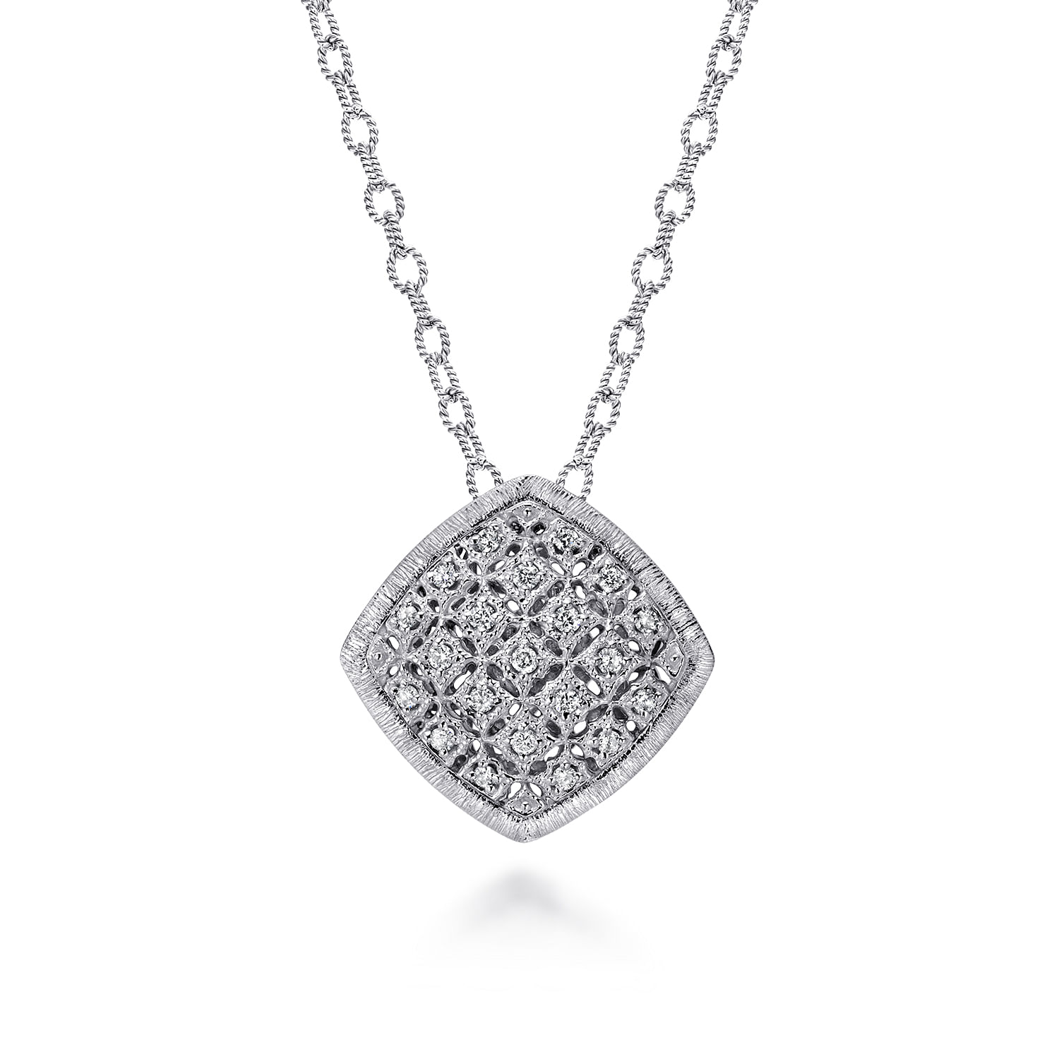 18 inch 925 Sterling Silver Pavé Diamond Cushion Shape Pendant Necklace