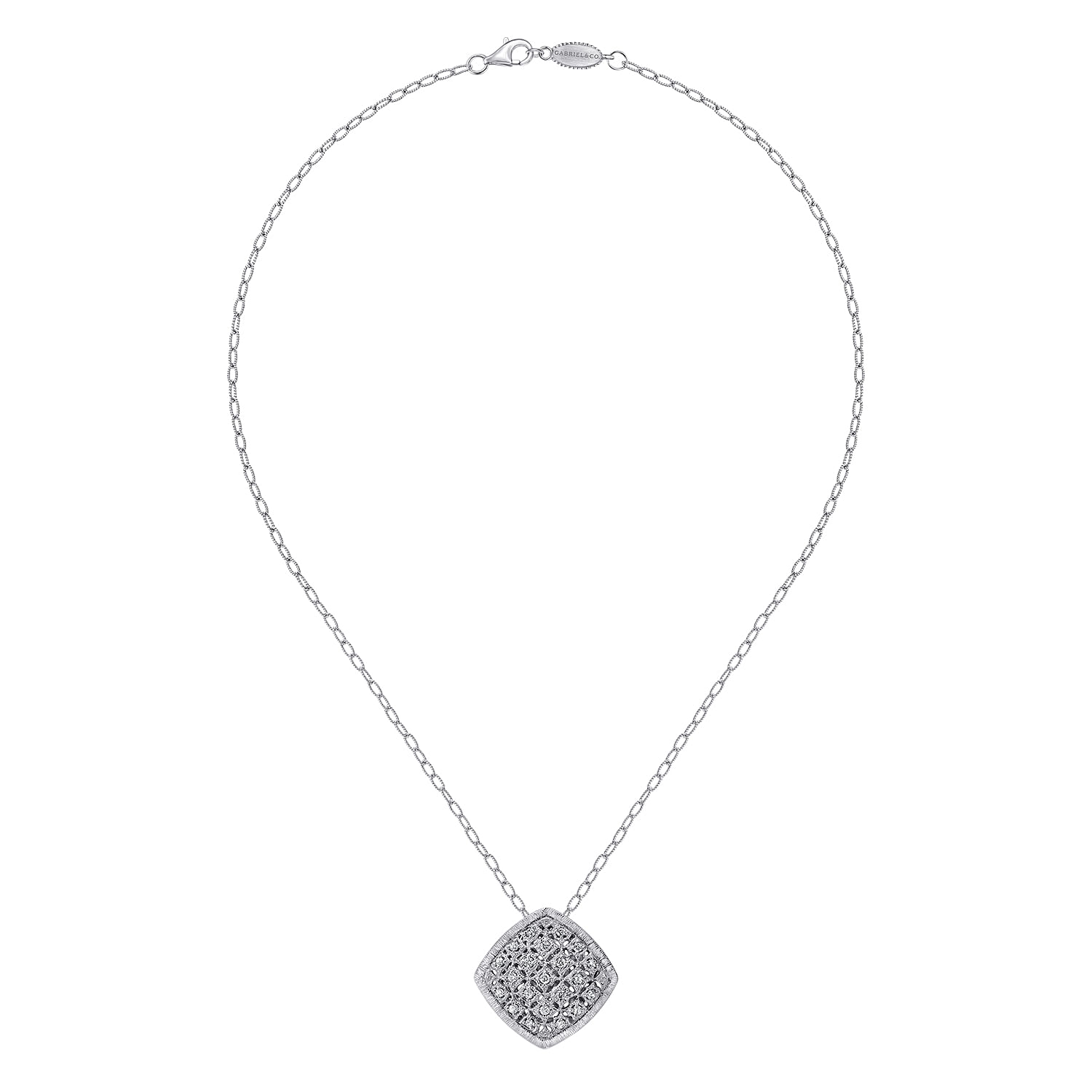 18 inch 925 Sterling Silver Pavé Diamond Cushion Shape Pendant Necklace