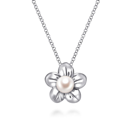 18 inch 925 Sterling Silver Pearl Flower Pendant Necklace