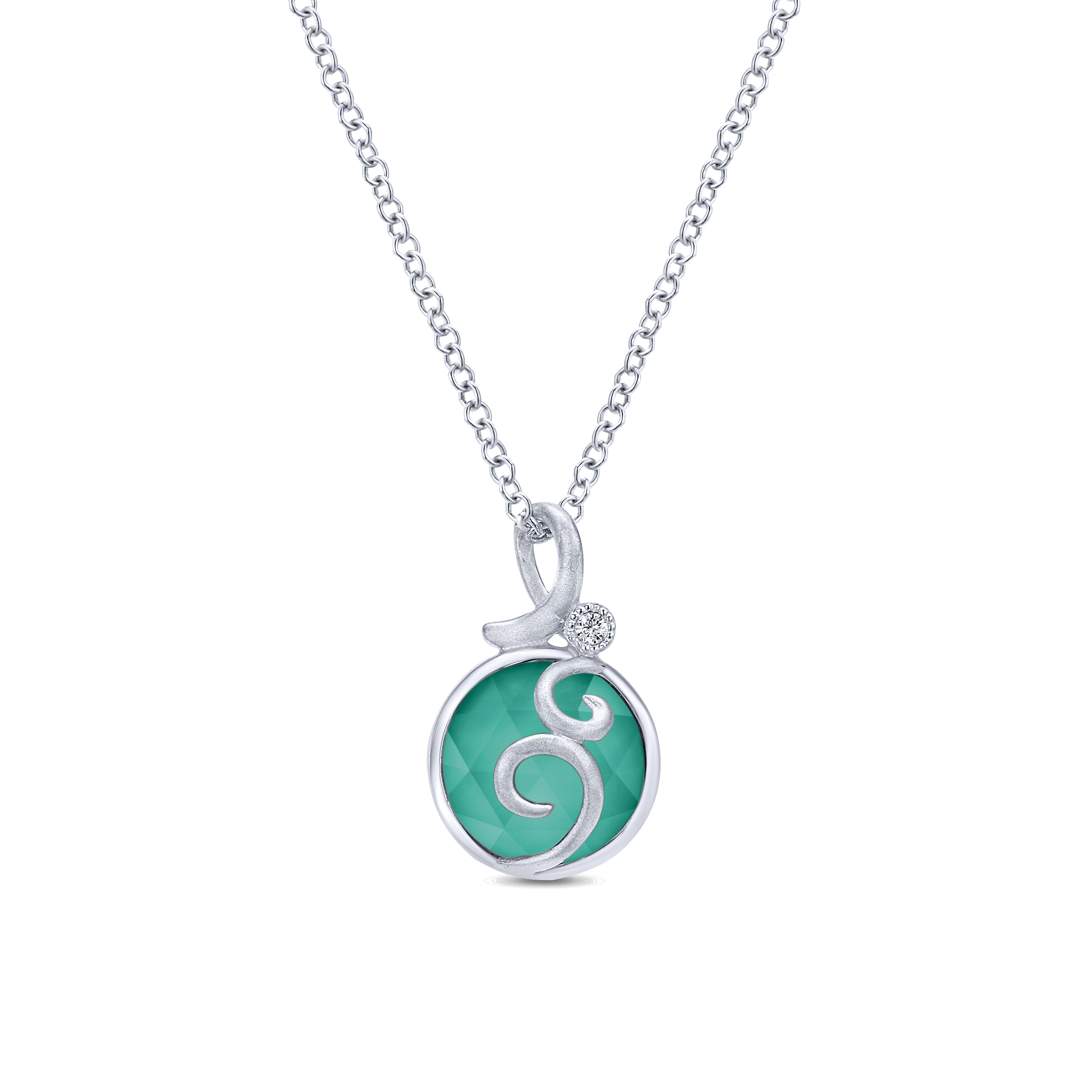 18 inch 925 Sterling Silver Rock Crystal/Green Onyx Pendant Necklace with Swirls