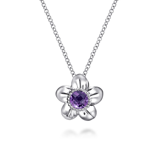 18 inch 925 Sterling Silver Round Amethyst Flower Pendant Necklace