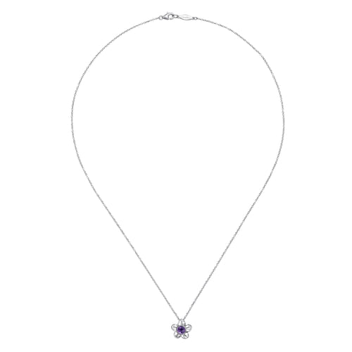 18 inch 925 Sterling Silver Round Amethyst Flower Pendant Necklace
