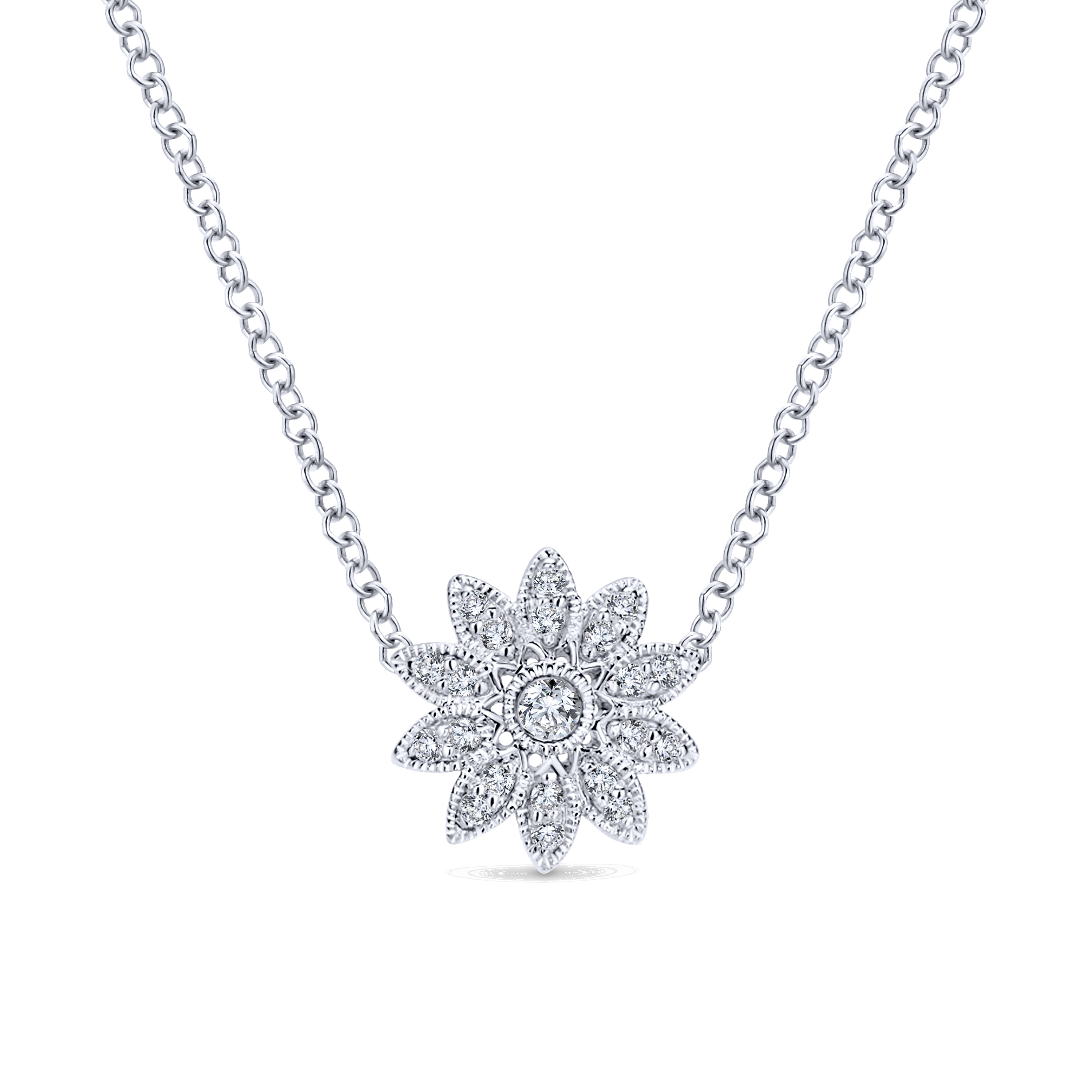 18 inch 925 Sterling Silver Round Floral White Sapphire Pendant Necklace