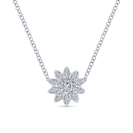 Gabriel - 18 inch 925 Sterling Silver Round Floral White Sapphire Pendant Necklace