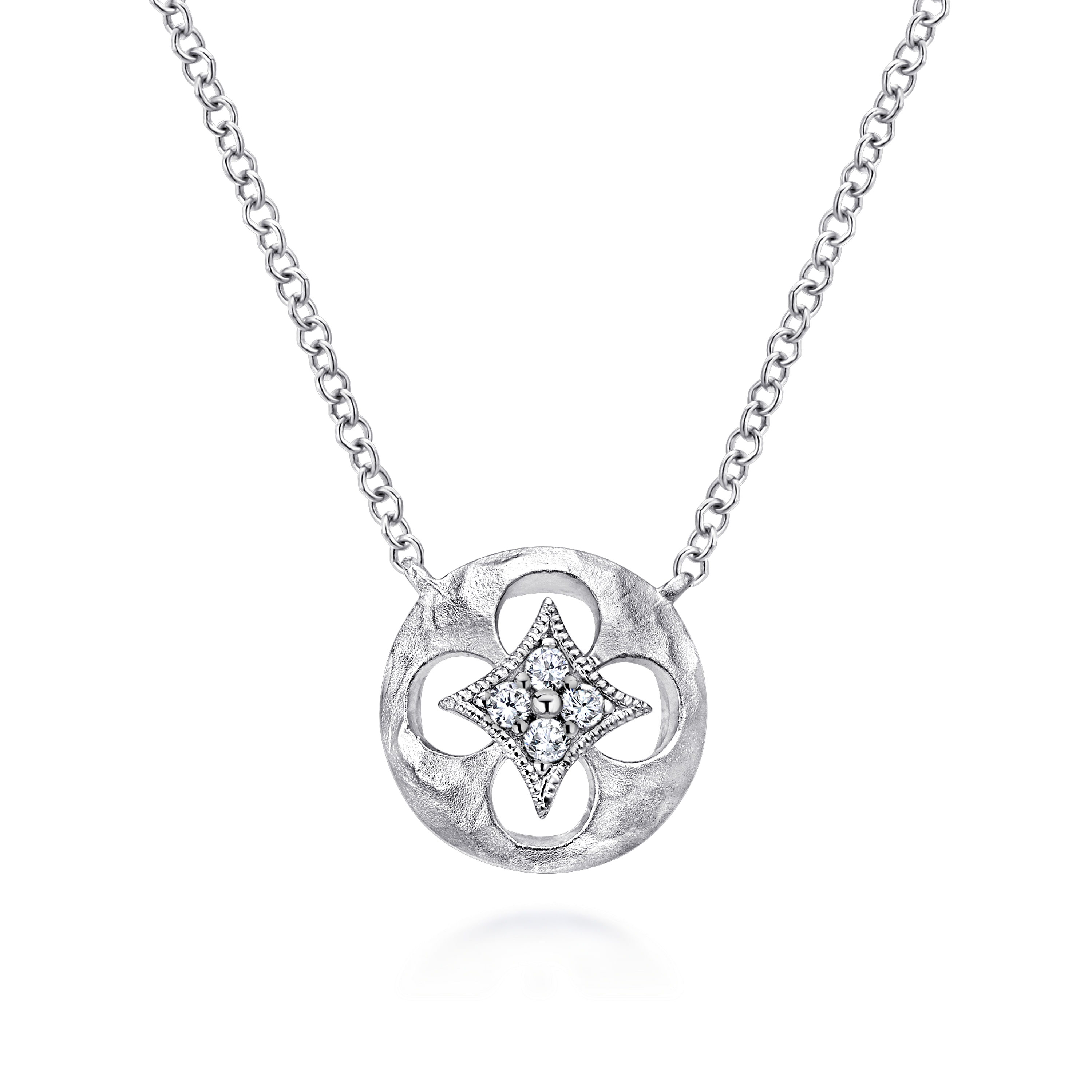 18 inch 925 Sterling Silver Round Quatrefoil Cutout Pendant Necklace with Diamonds