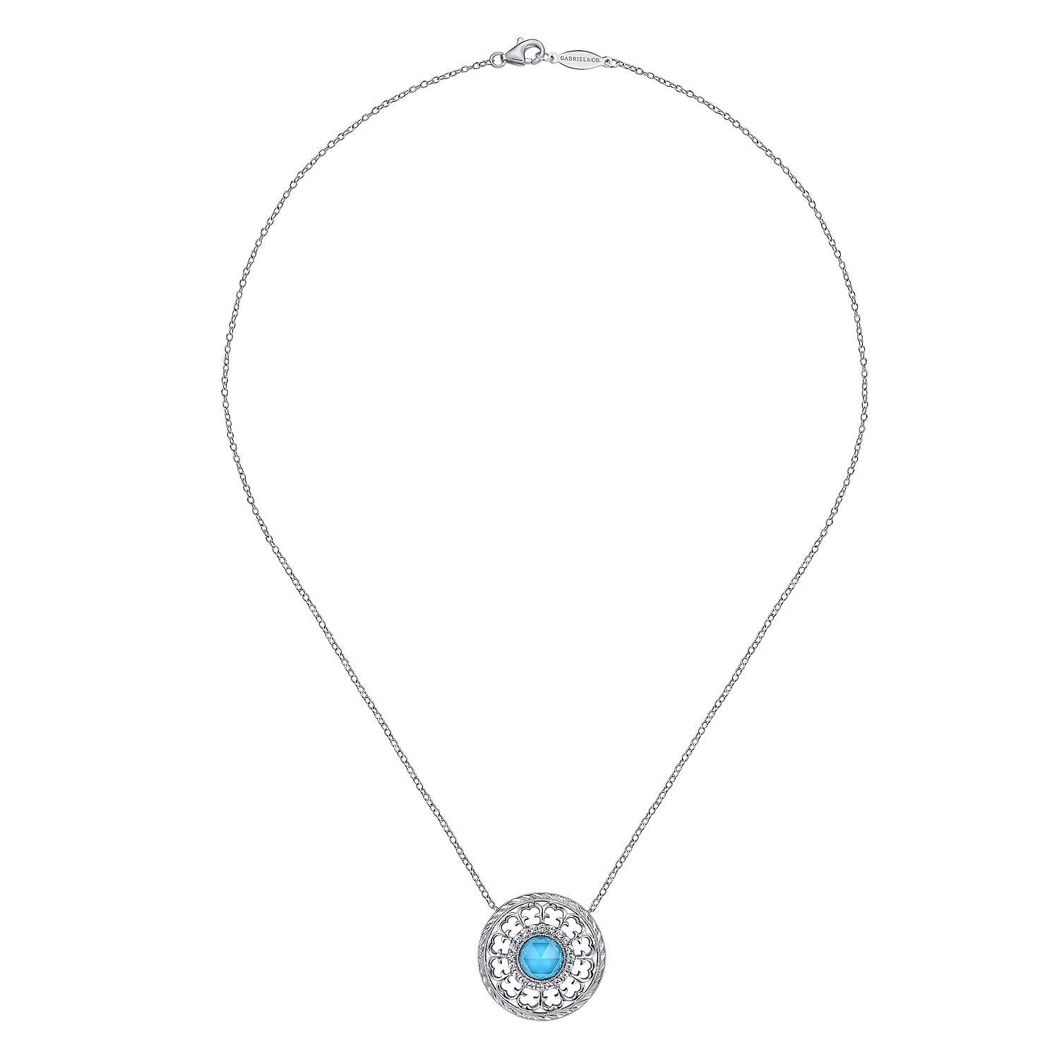 18 inch 925 Sterling Silver Round Rock Crystal and Turquoise Pendant Necklace with White Sapphire Halo