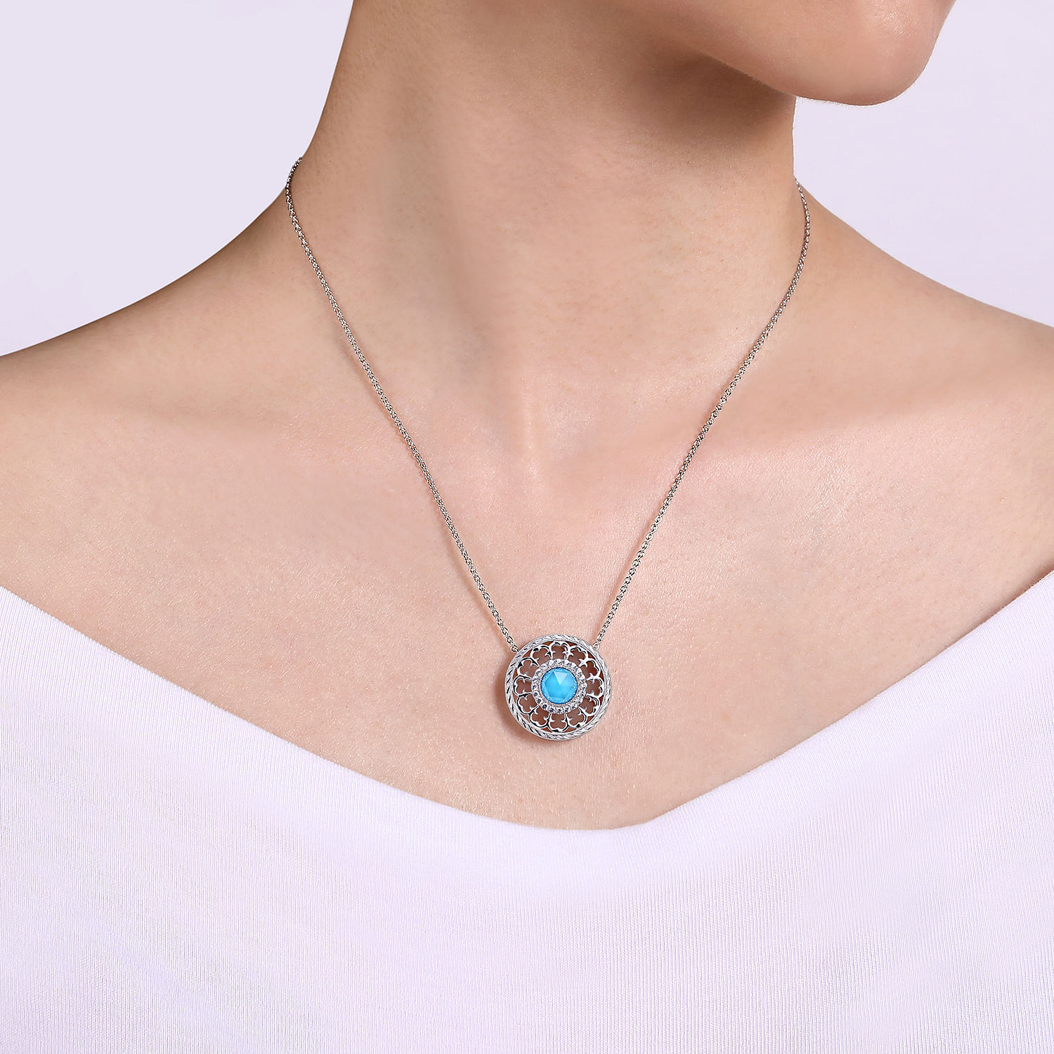 18 inch 925 Sterling Silver Round Rock Crystal and Turquoise Pendant Necklace with White Sapphire Halo