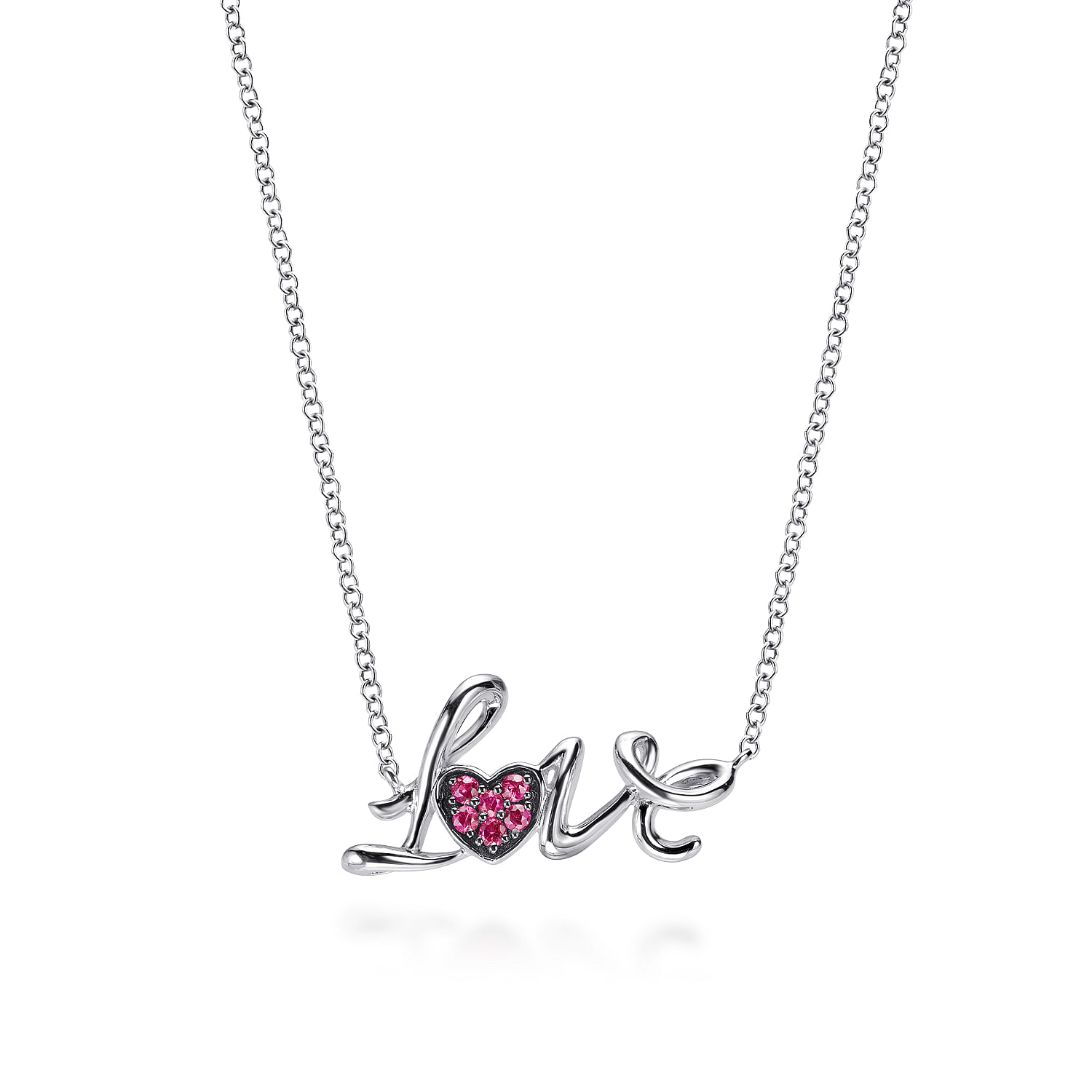 18 inch 925 Sterling Silver Ruby Pavé Love Necklace
