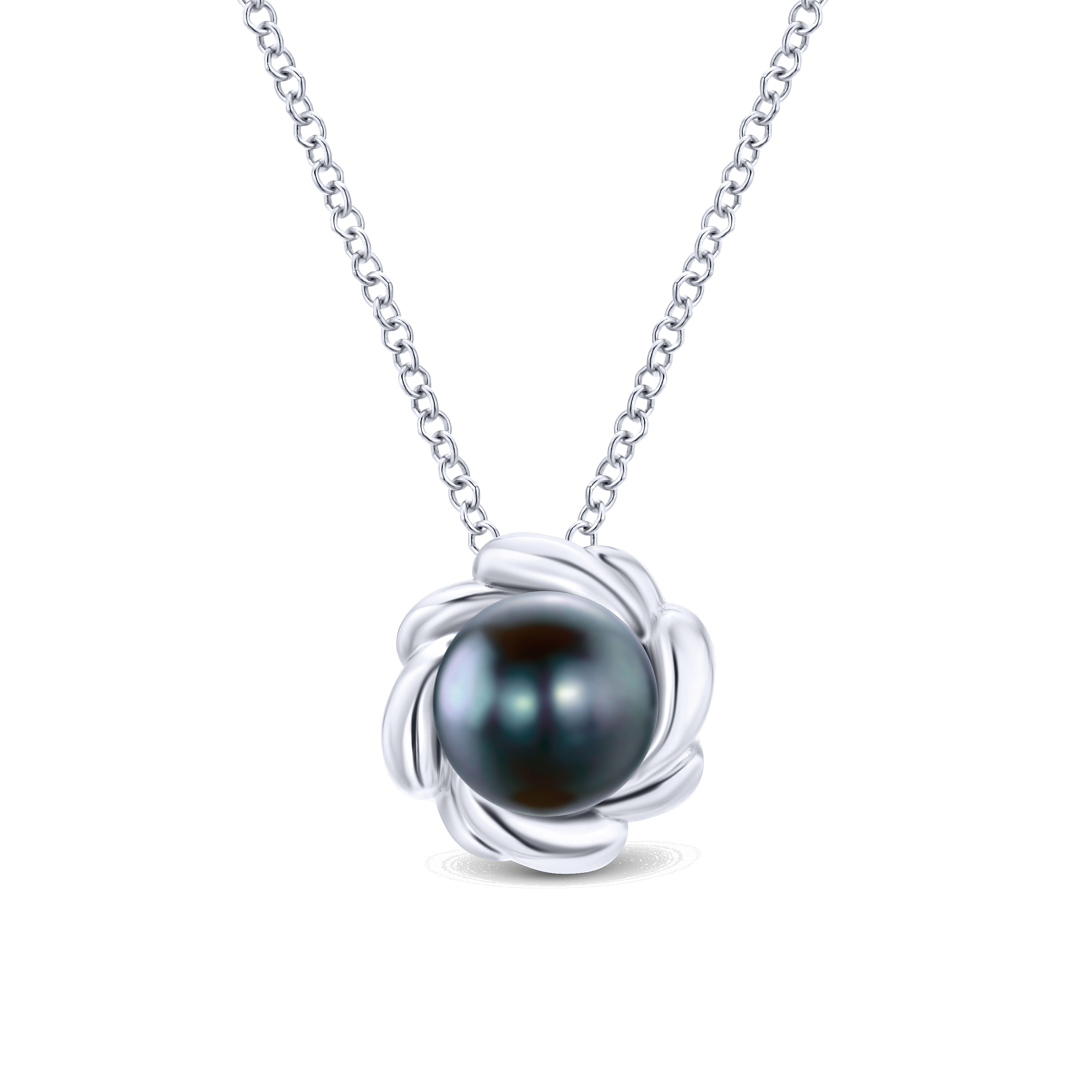 18 inch 925 Sterling Silver Swirling Black Pearl Pendant Necklace