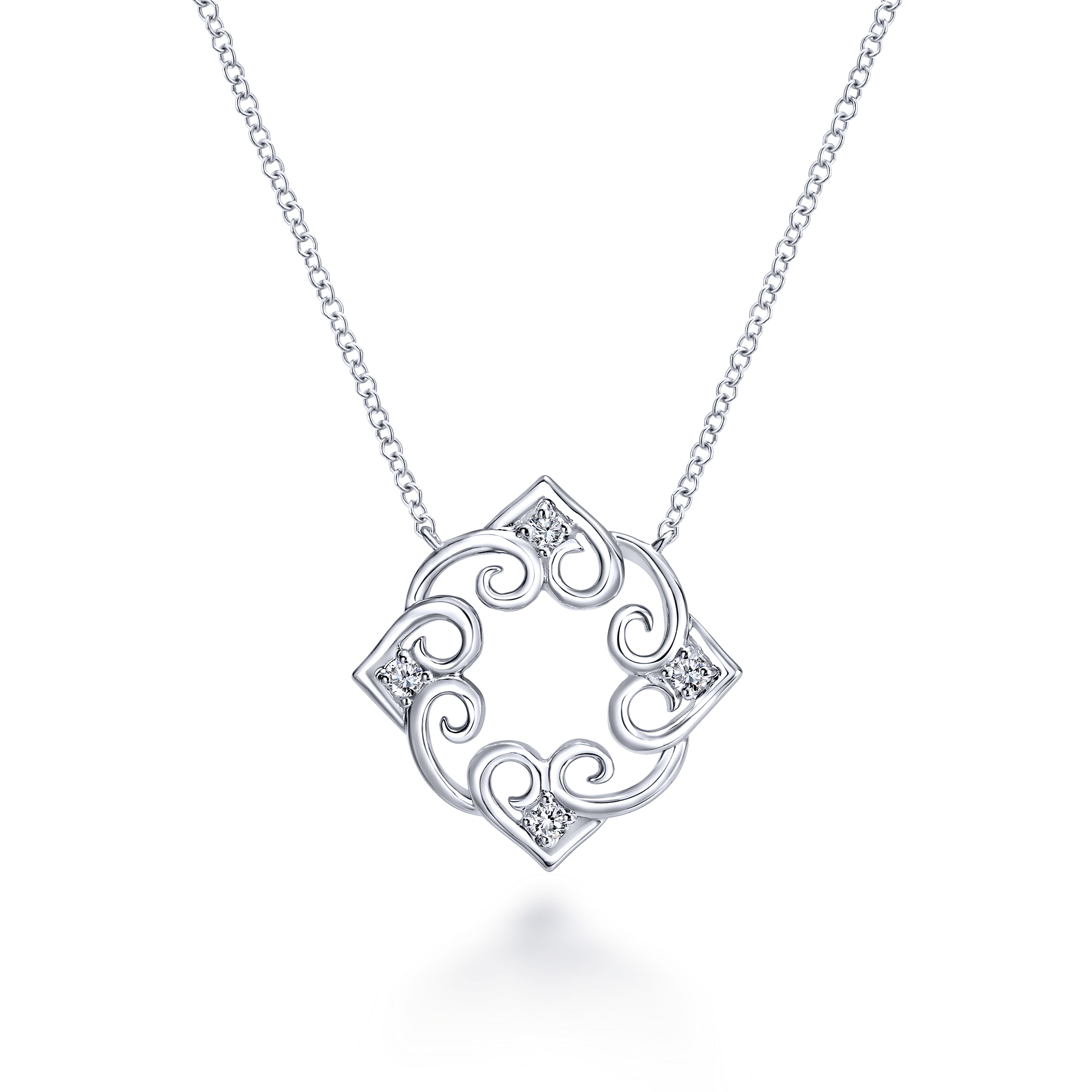 18 inch 925 Sterling Silver Swirling Open Work Diamond Heart Pendant Necklace