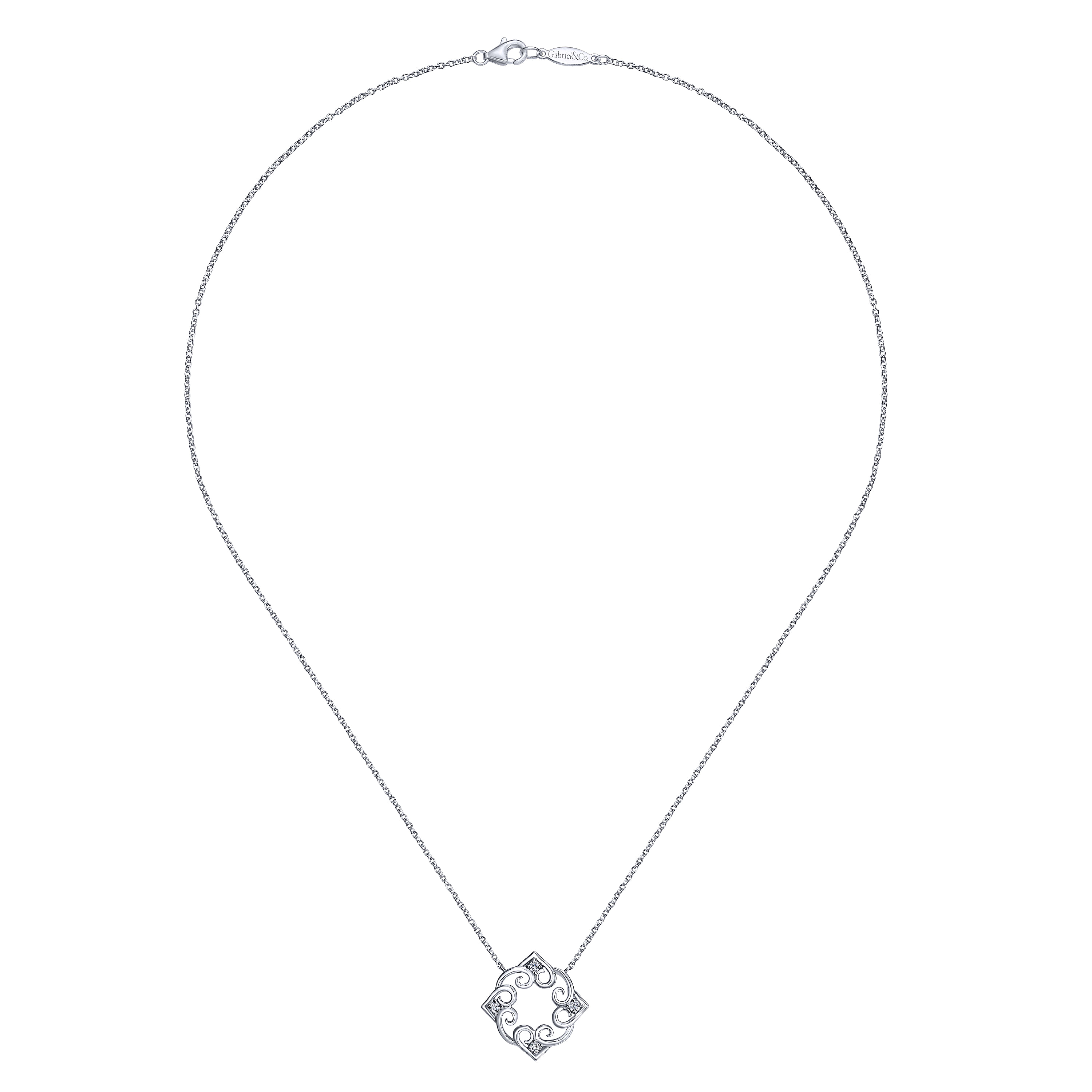 18 inch 925 Sterling Silver Swirling Open Work Diamond Heart Pendant Necklace