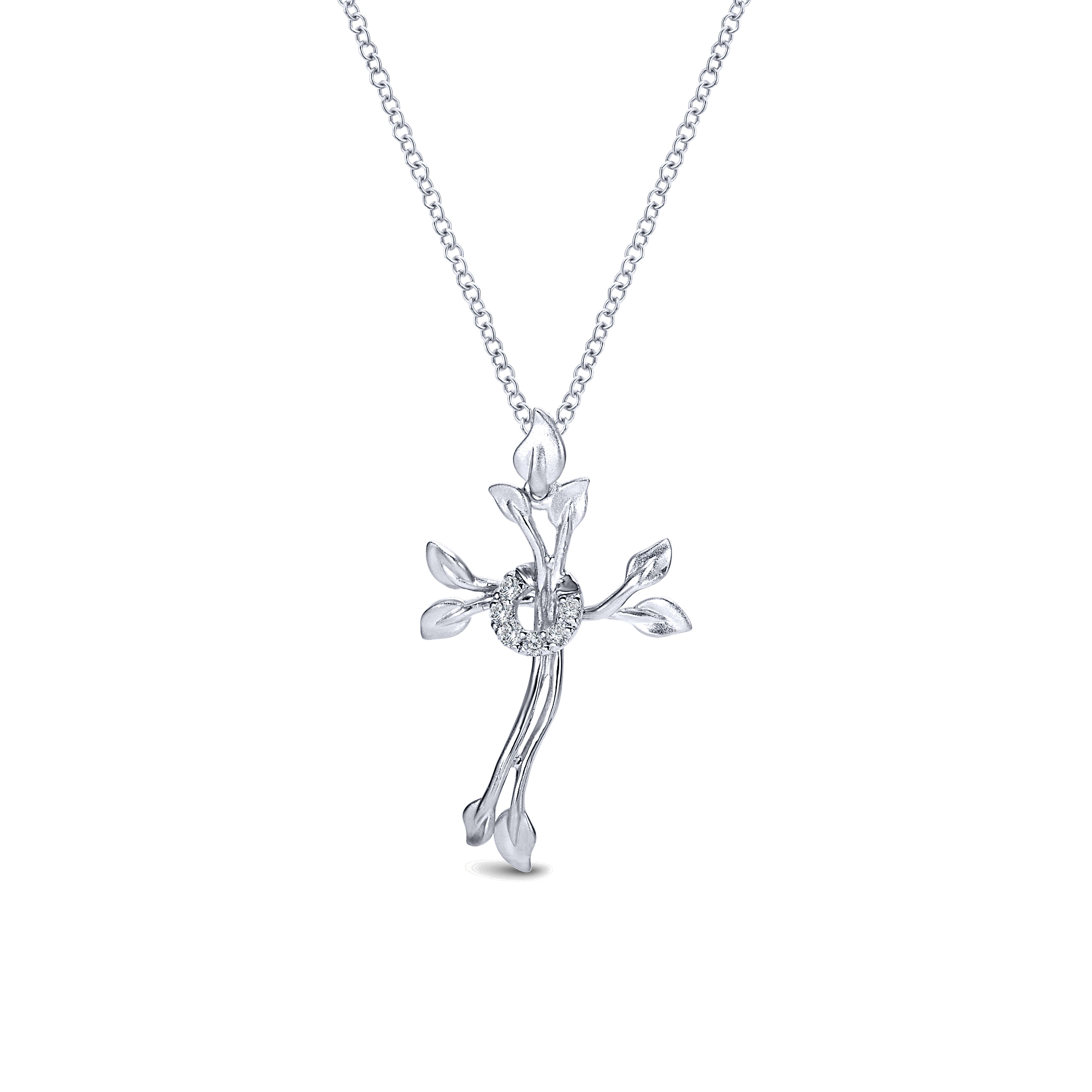 18 inch 925 Sterling Silver Twisted Wreath Cross Pendant with Diamond and Leaf Accents