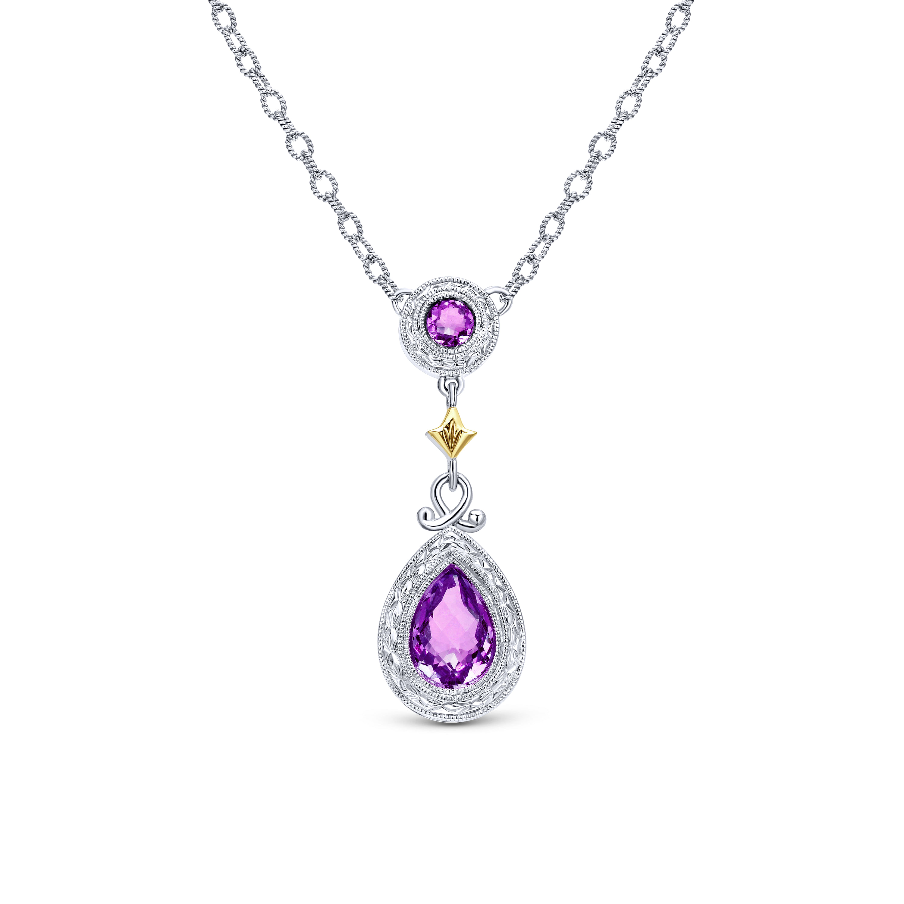18 inch 925 Sterling Silver and 18K Yellow Gold Amethyst Drop Pendant Necklace