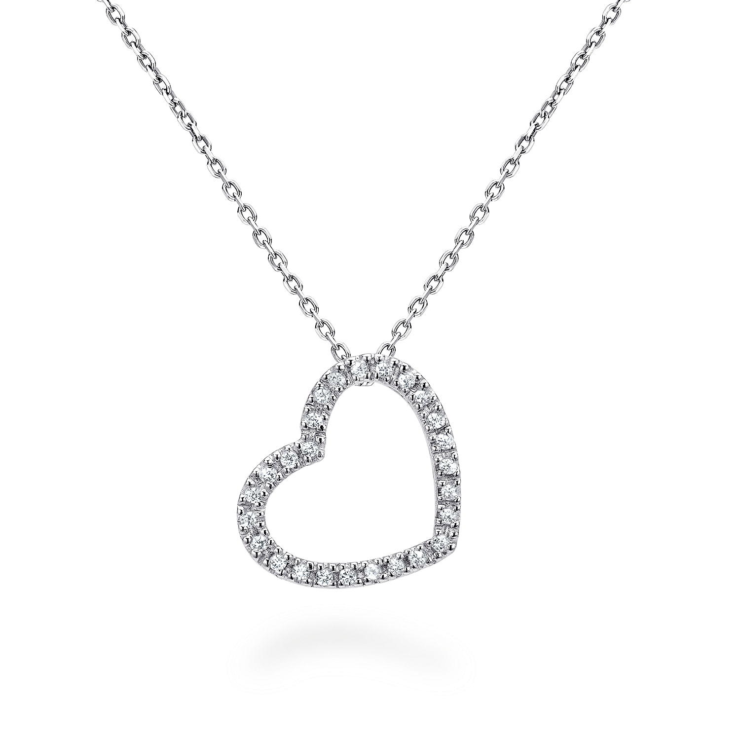 18 inch Tilted 14K White Gold Open Heart Diamond Pendant Necklace