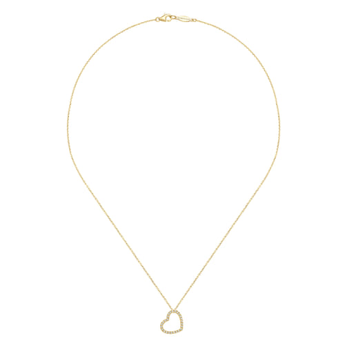 18 inch Tilted 14K Yellow Gold Open Heart Diamond Pendant Necklace