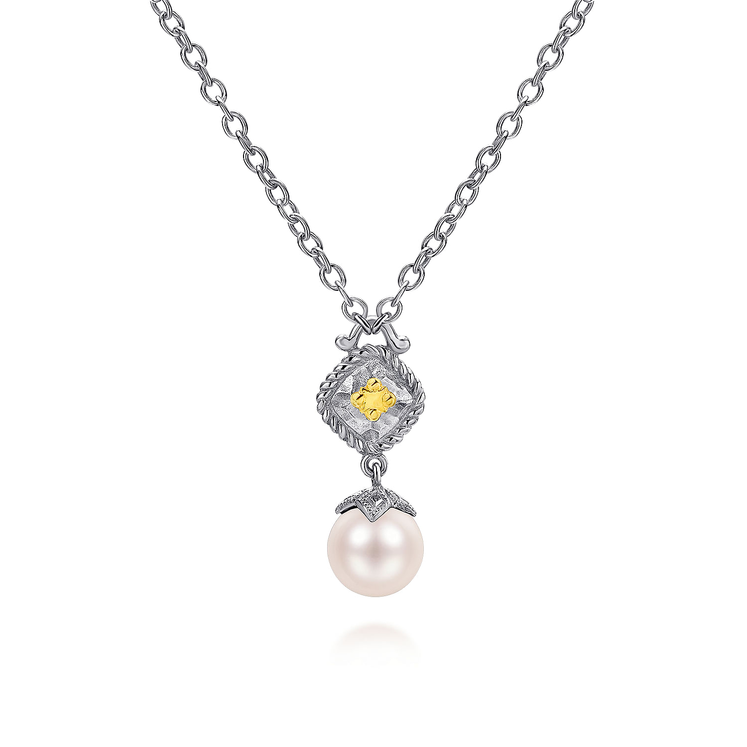 18 inch Vintage Inspired 925 Sterling Silver/18K Yellow Gold Cultured Pearl Drop Pendant