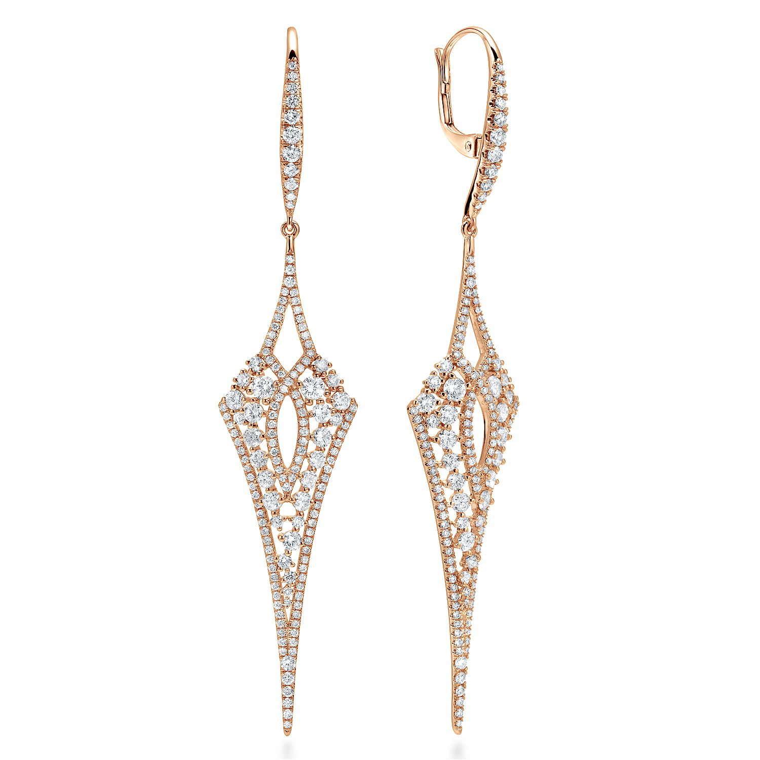 18K Rose Gold Long Diamond Kite Drop Earrings